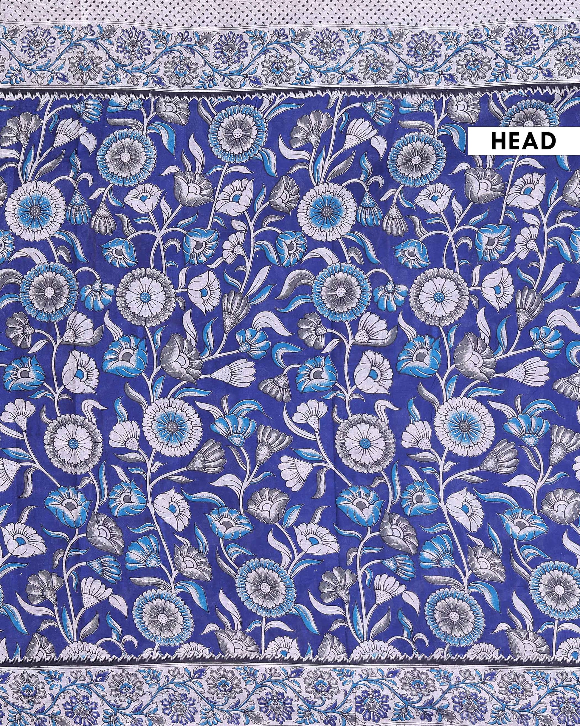 Traditional Handcrafted Kalamkari Cotton Saree with Intricate Floral Motifs and Contrast Border  - Blue