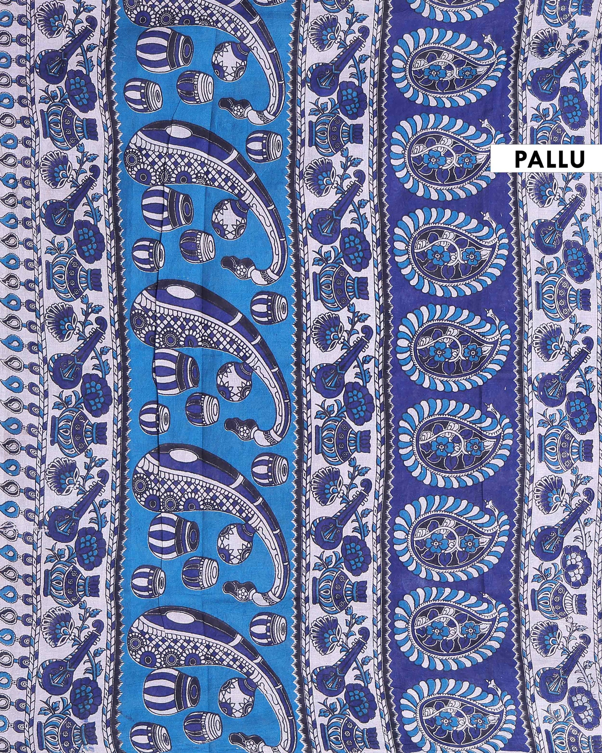 Traditional Handcrafted Kalamkari Cotton Saree with Intricate Floral Motifs and Contrast Border  - Blue