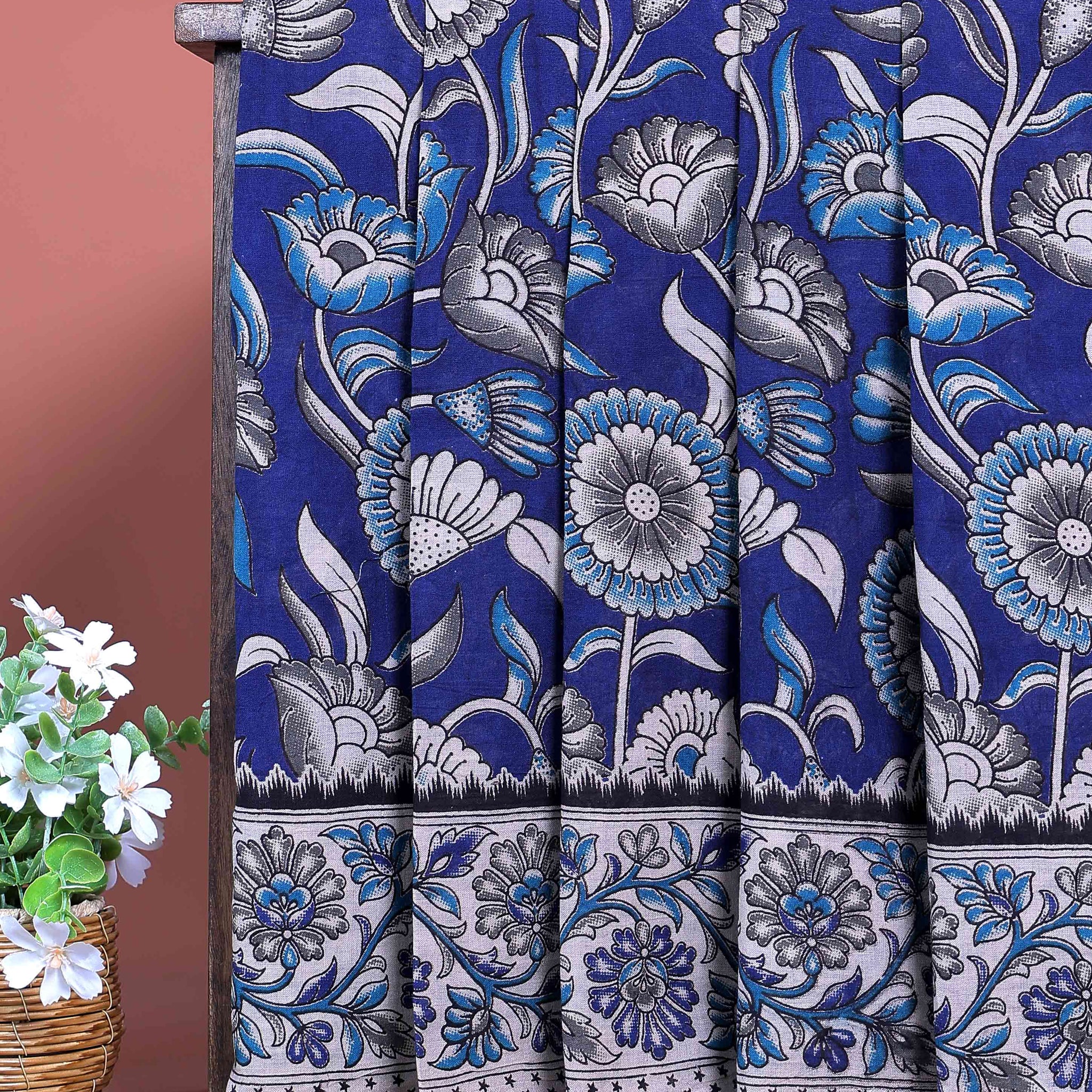 Traditional Handcrafted Kalamkari Cotton Saree with Intricate Floral Motifs and Contrast Border  - Blue