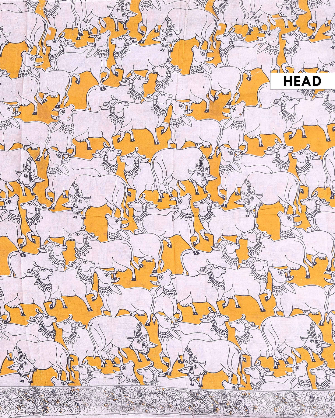 Traditional Handcrafted Kalamkari Cotton Saree with Traditional Cow Motifs and Floral Border - Yellow