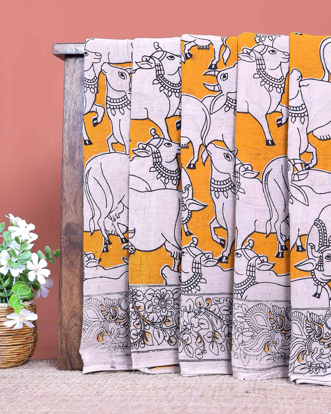 Traditional Handcrafted Kalamkari Cotton Saree with Traditional Cow Motifs and Floral Border - Yellow