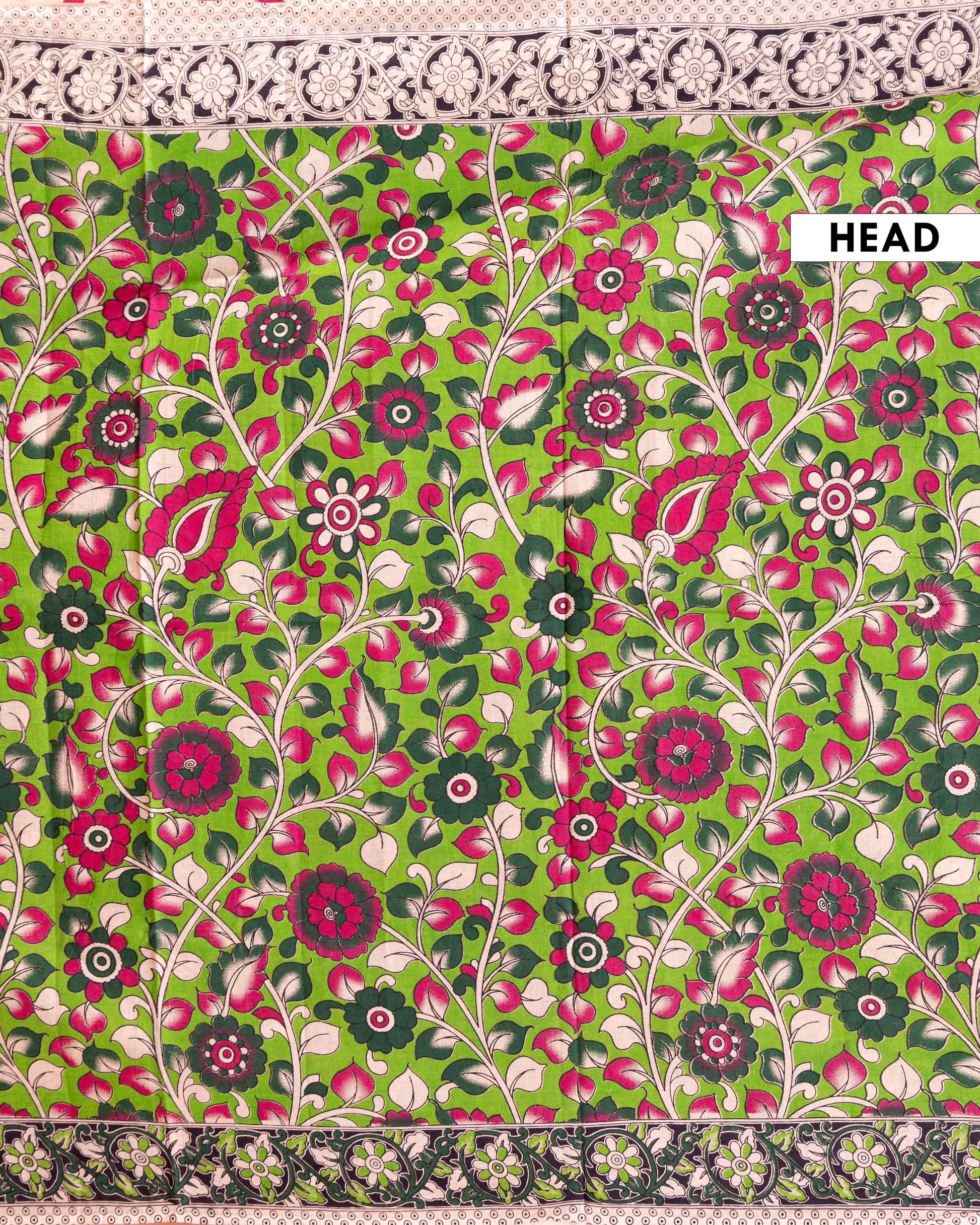 Traditional Handcrafted Kalamkari Cotton Saree with Traditional Floral Motifs - Green