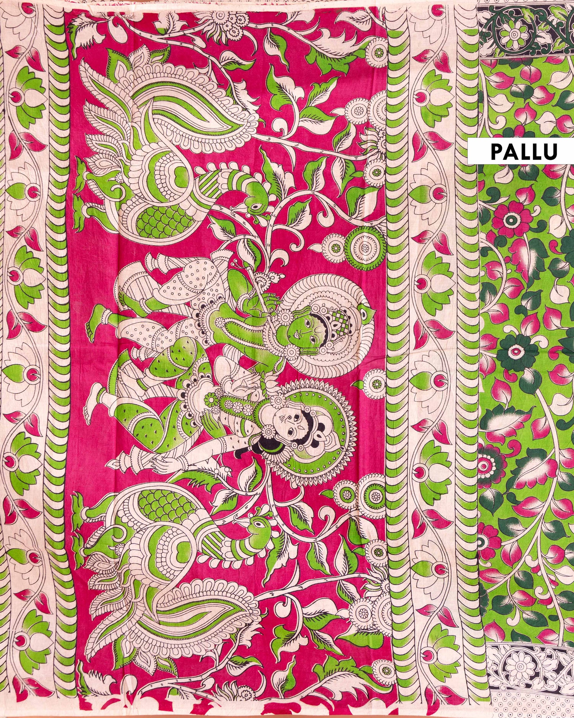 Traditional Handcrafted Kalamkari Cotton Saree with Traditional Floral Motifs - Green