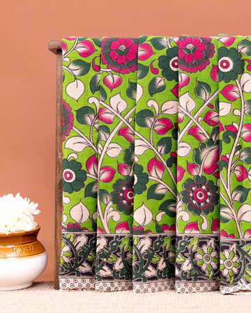 Traditional Handcrafted Kalamkari Cotton Saree with Traditional Floral Motifs - Green