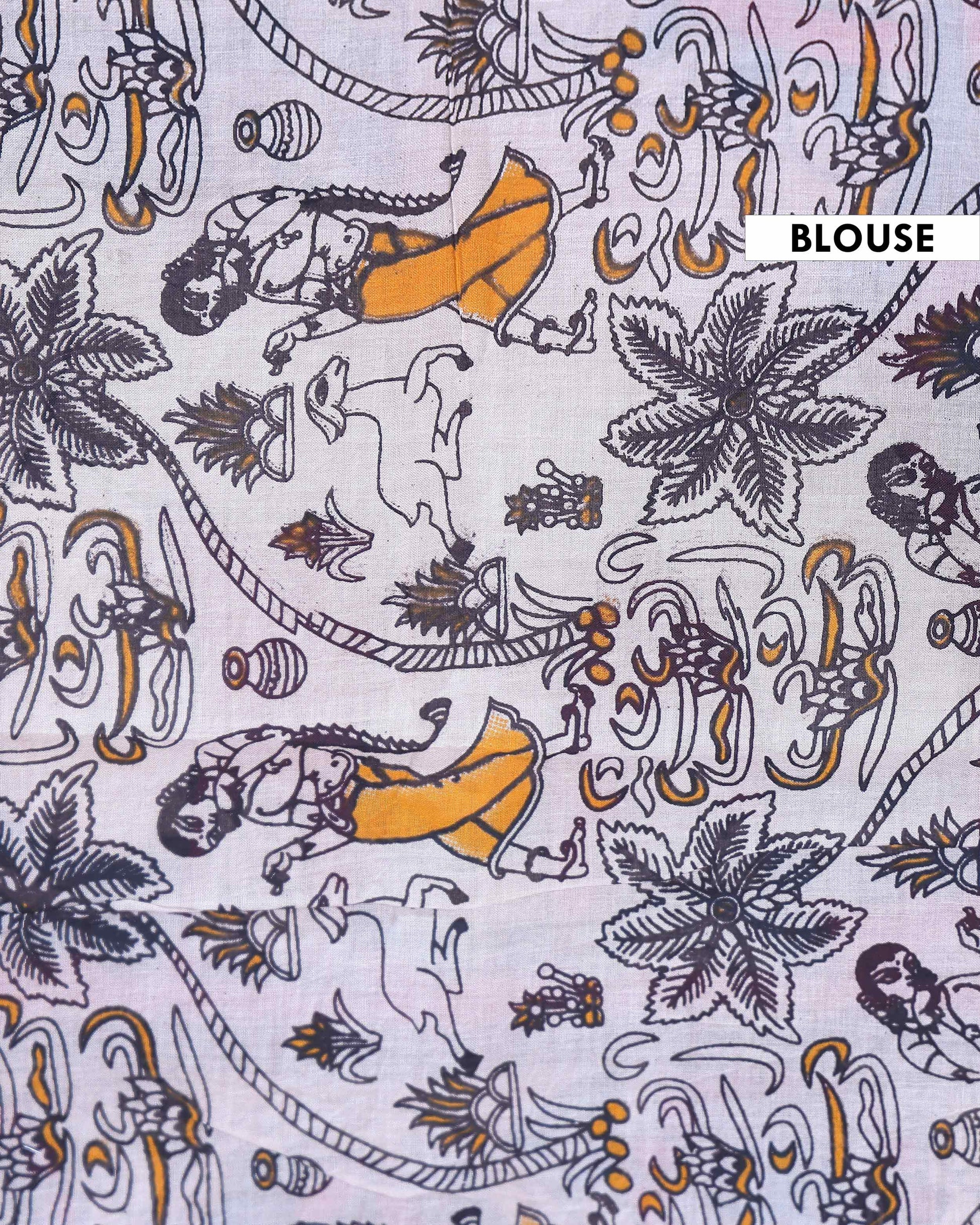 Traditional Handcrafted Kalamkari Cotton Saree with Traditional Mythological and Wildlife Motifs - Off White