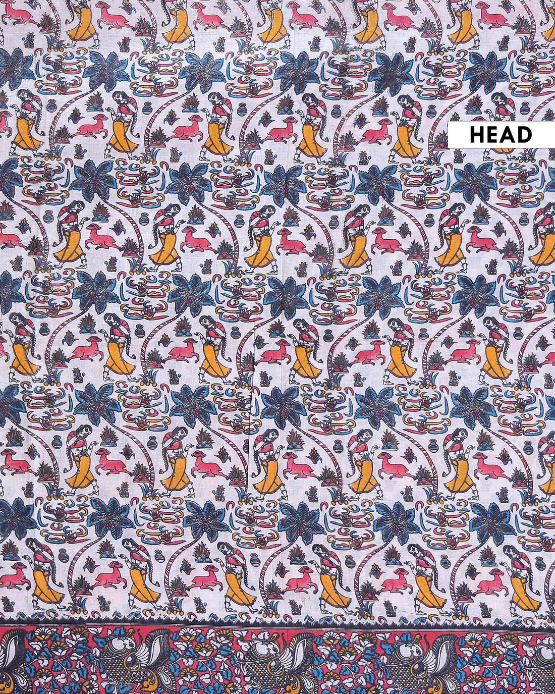 Traditional Handcrafted Kalamkari Cotton Saree with Traditional Mythological and Wildlife Motifs - Off White