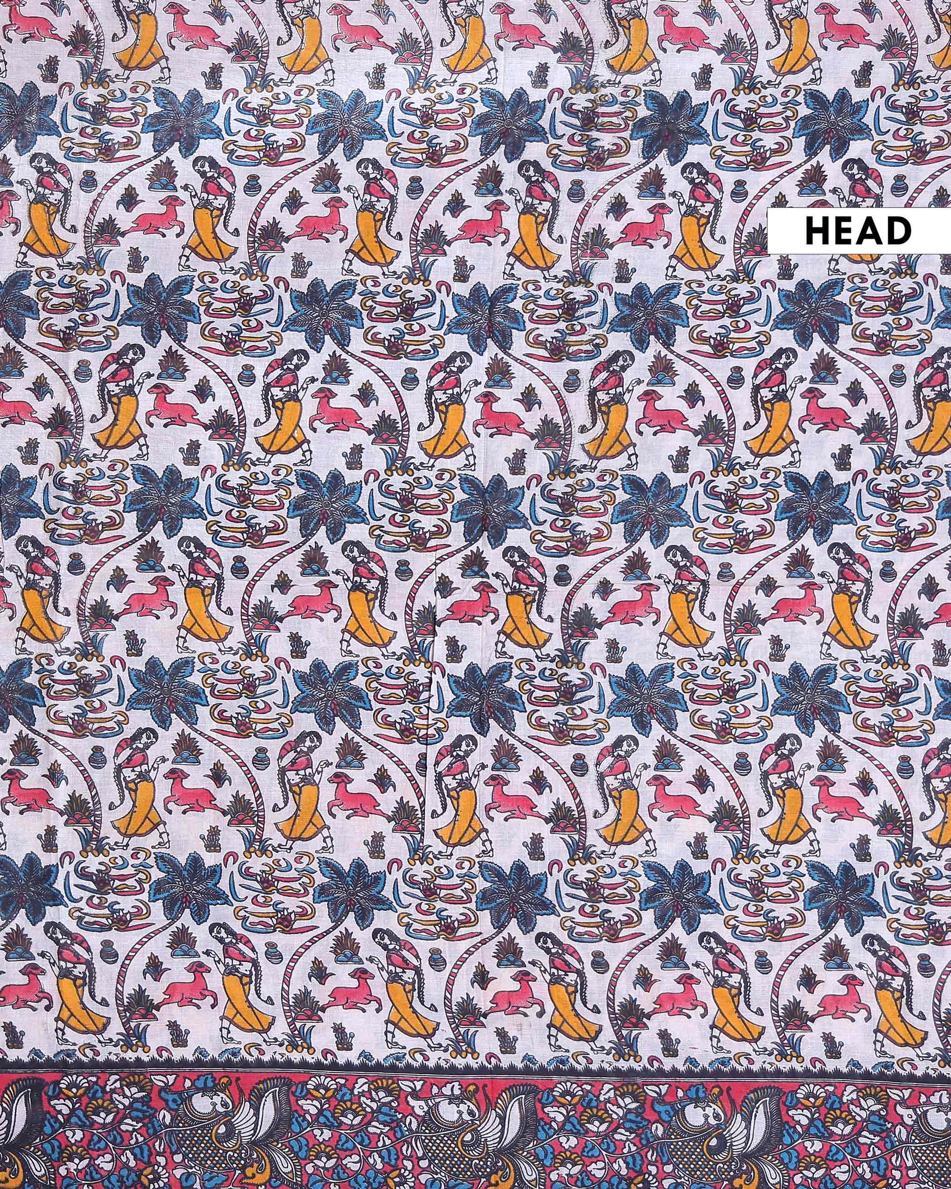 Traditional Handcrafted Kalamkari Cotton Saree with Traditional Mythological and Wildlife Motifs - Off White