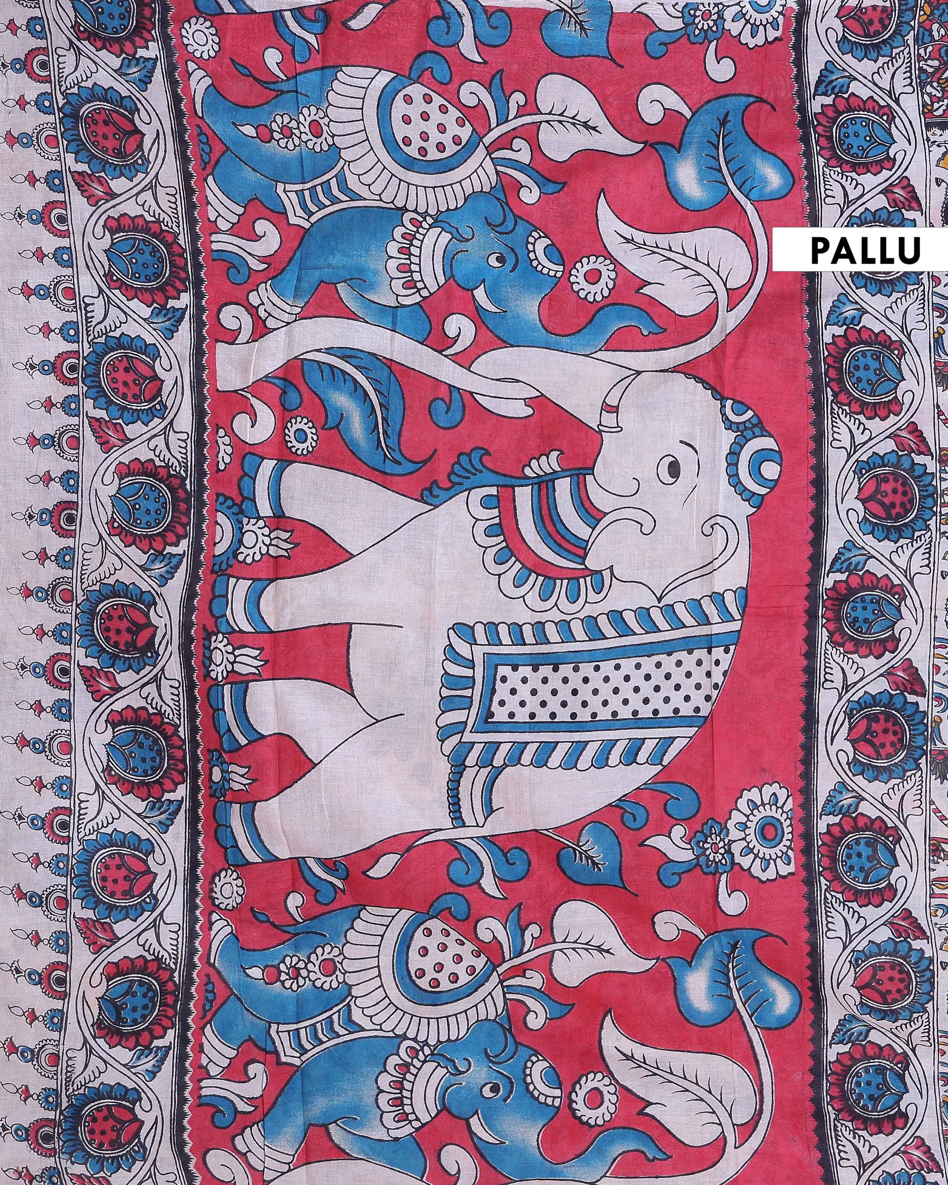 Traditional Handcrafted Kalamkari Cotton Saree with Traditional Mythological and Wildlife Motifs - Off White