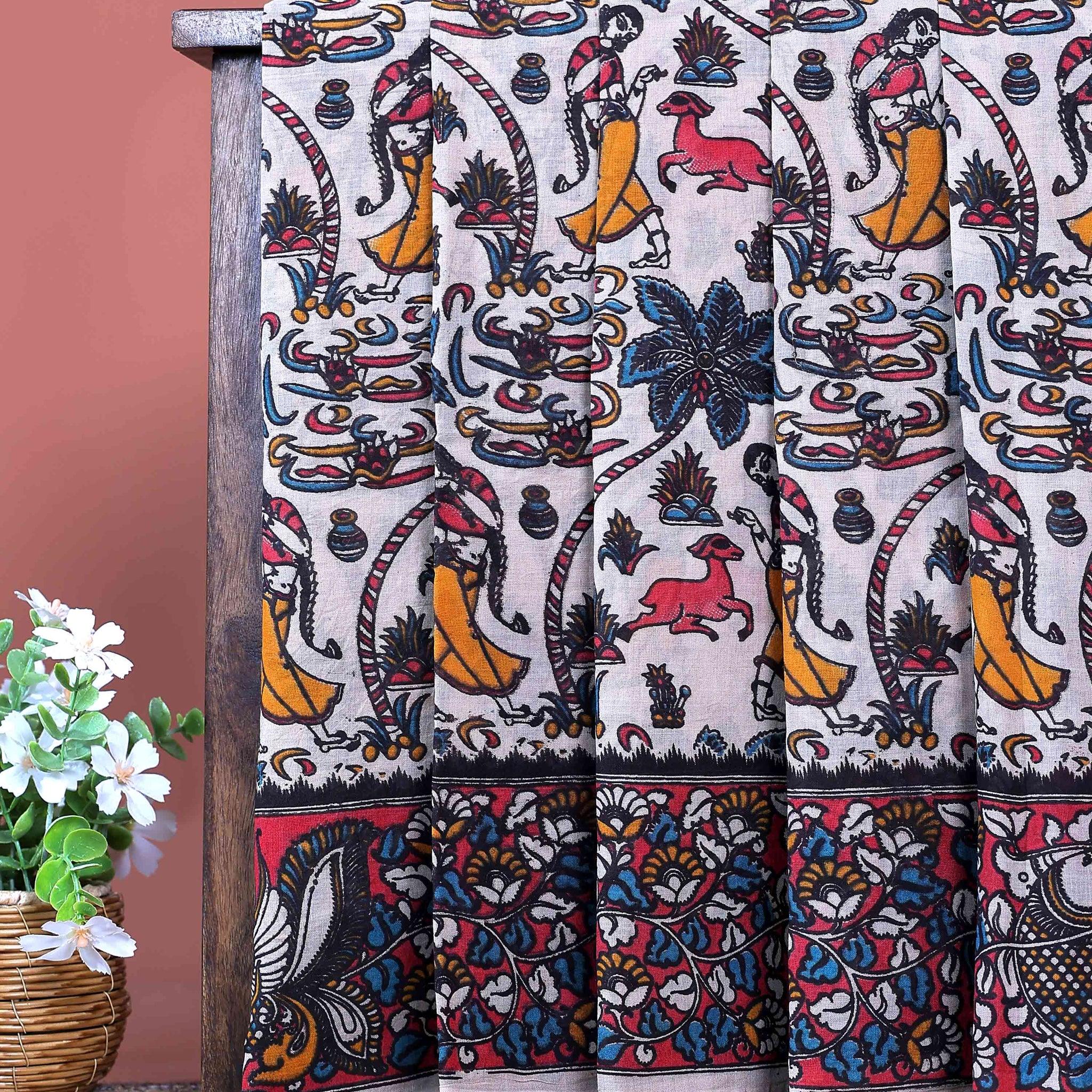 Traditional Handcrafted Kalamkari Cotton Saree with Traditional Mythological and Wildlife Motifs - Off White