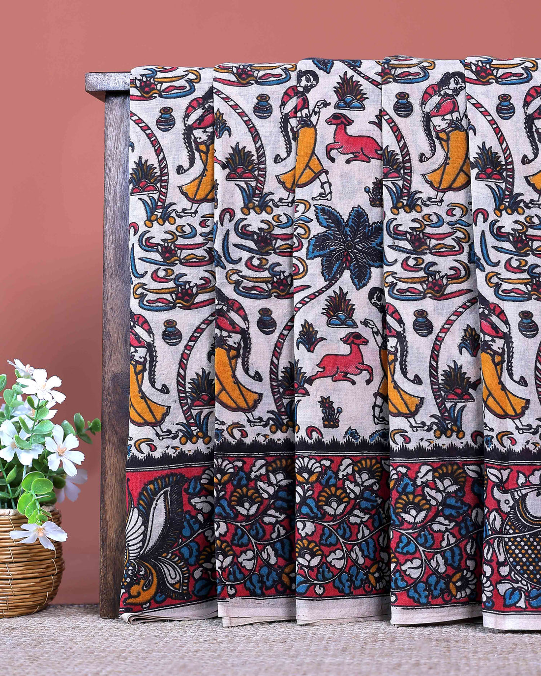 Traditional Handcrafted Kalamkari Cotton Saree with Traditional Mythological and Wildlife Motifs - Off White