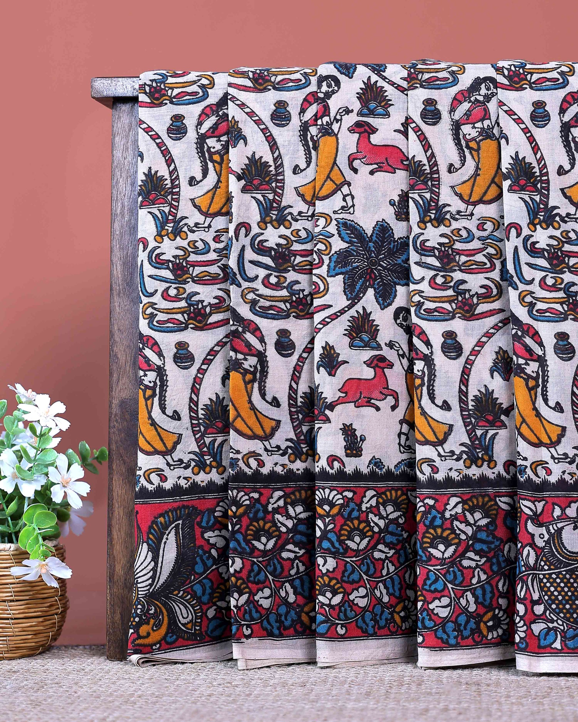 Traditional Handcrafted Kalamkari Cotton Saree with Traditional Mythological and Wildlife Motifs - Off White