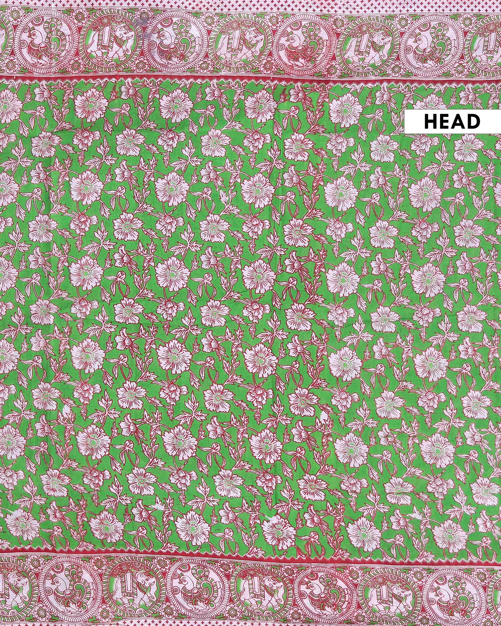 Traditional Handcrafted Kalamkari Cotton Saree with Traditional Peacock Motifs - Green