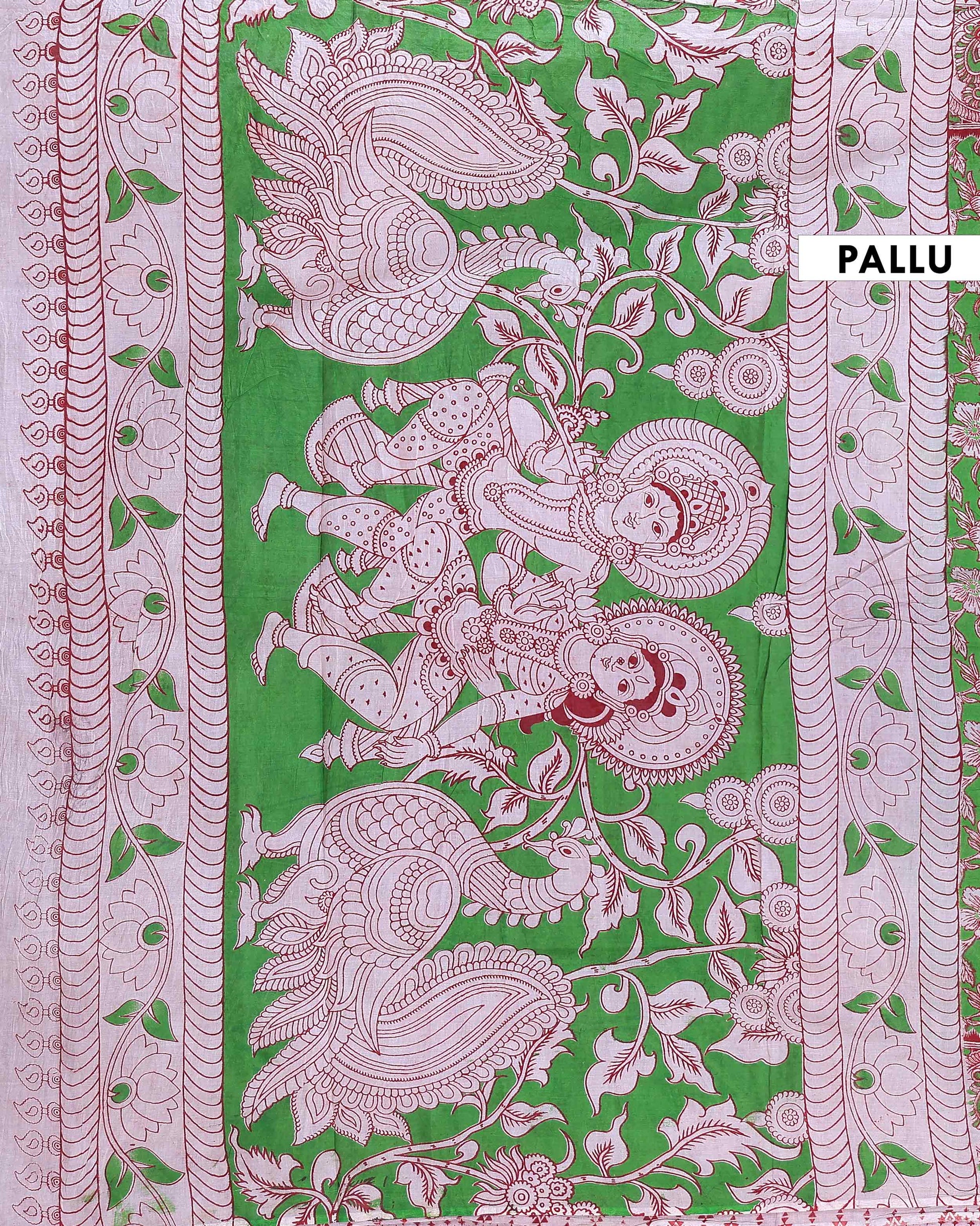 Traditional Handcrafted Kalamkari Cotton Saree with Traditional Peacock Motifs - Green