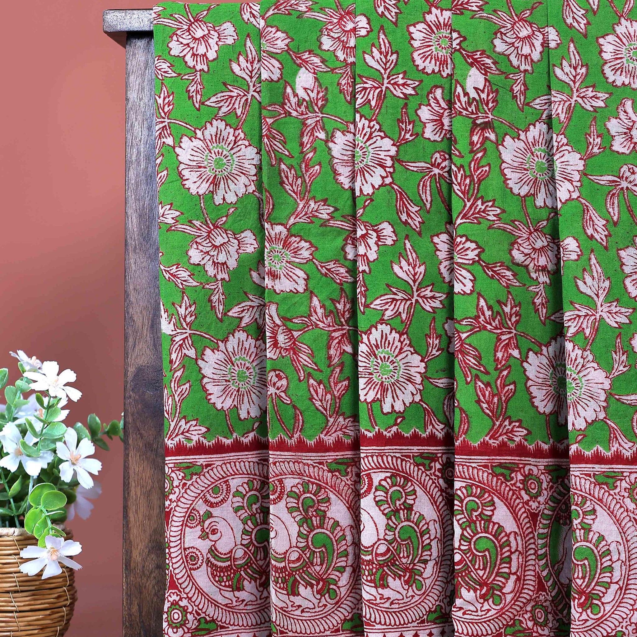 Traditional Handcrafted Kalamkari Cotton Saree with Traditional Peacock Motifs - Green