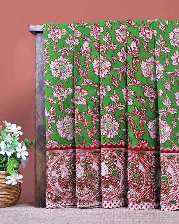 Traditional Handcrafted Kalamkari Cotton Saree with Traditional Peacock Motifs - Green