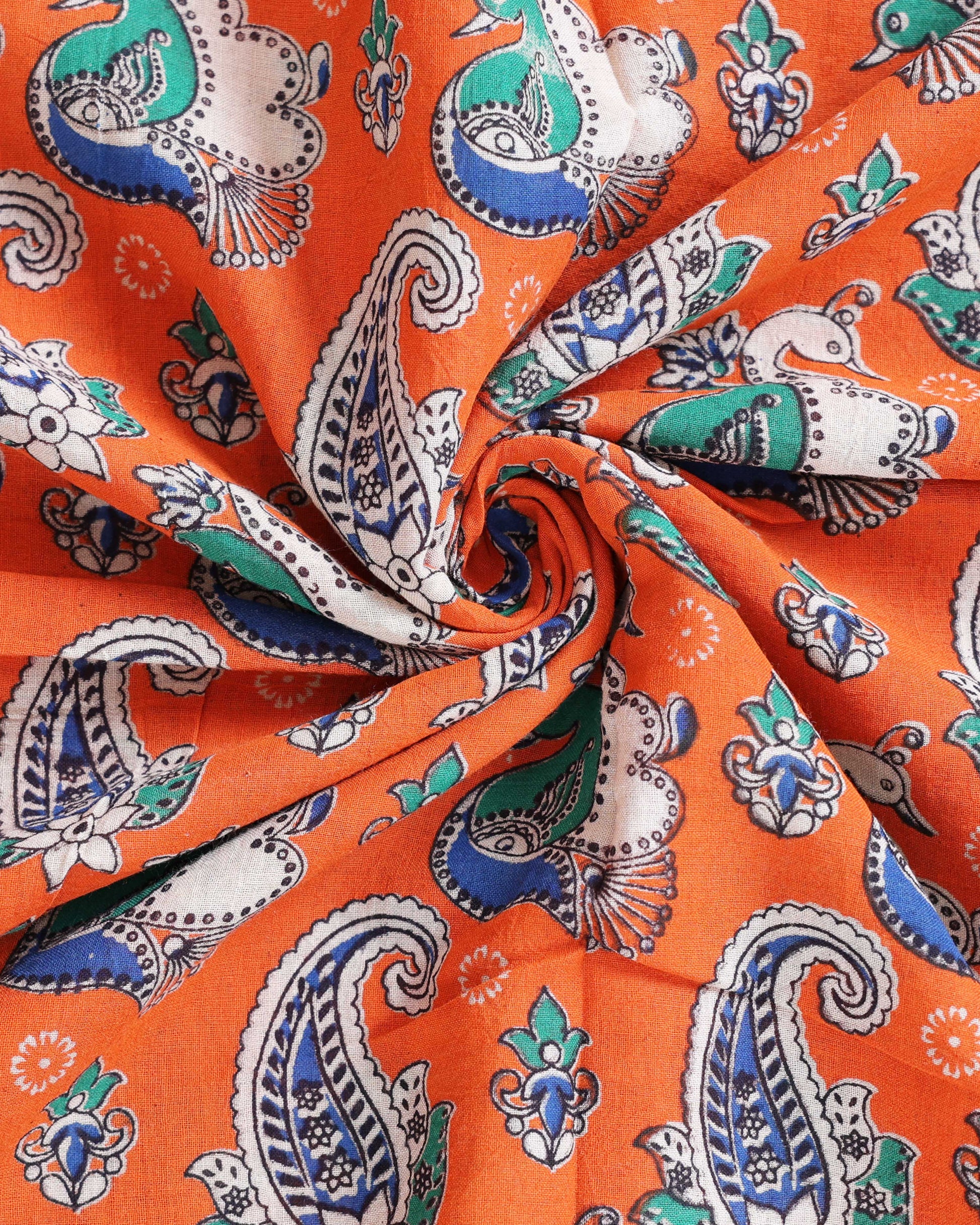 Traditional Handcrafted Kalamkari Cotton Saree with Traditional Peacock & Paisley Motifs - Close