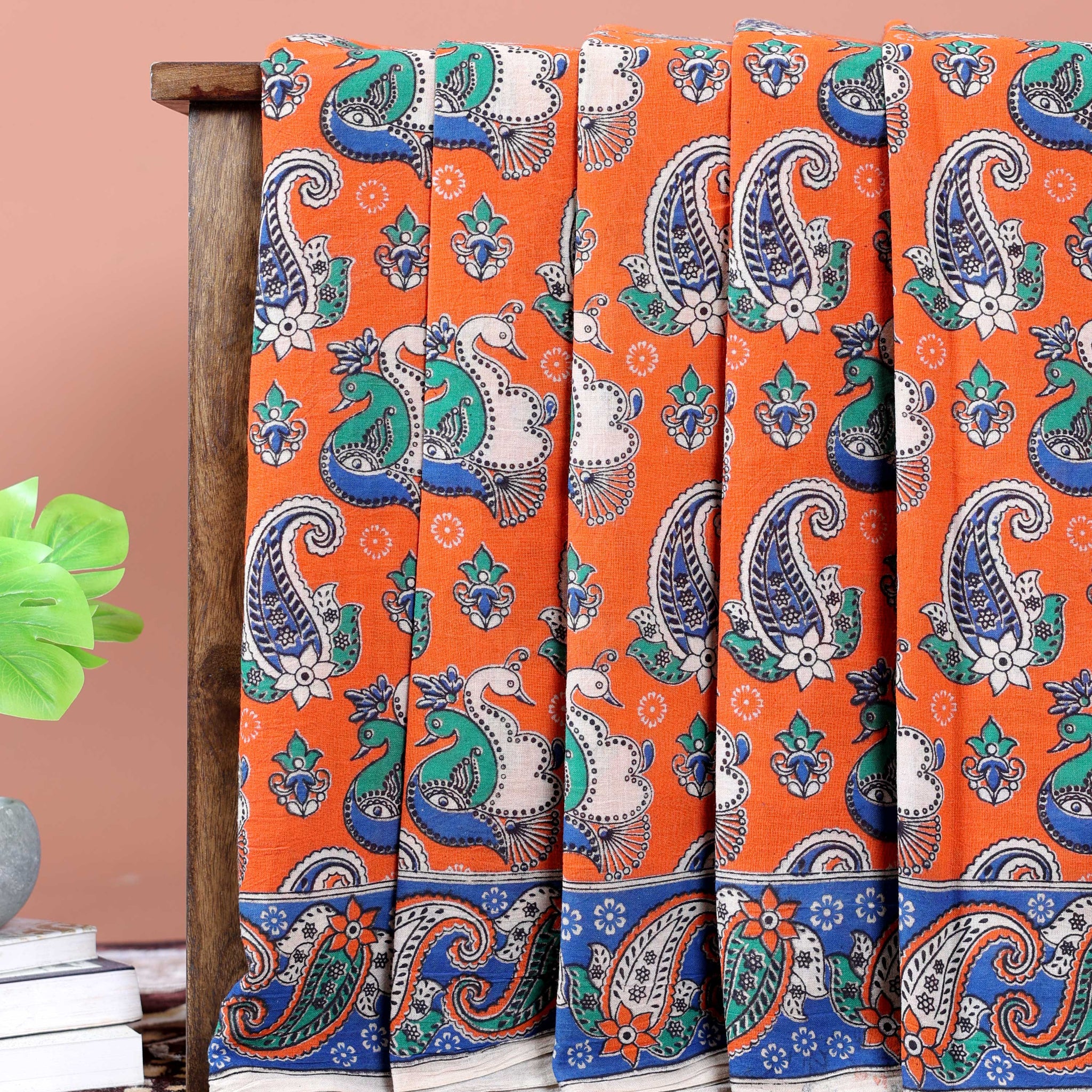 Traditional Handcrafted Kalamkari Cotton Saree with Traditional Peacock & Paisley Motifs - Dark Orange