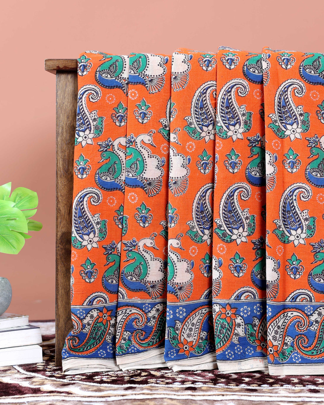 Traditional Handcrafted Kalamkari Cotton Saree with Traditional Peacock & Paisley Motifs - Dark Orange