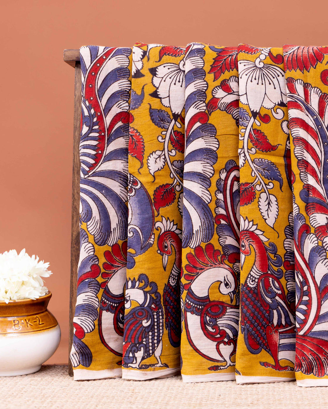 Traditional Handcrafted Kalamkari Saree with Intricate Peacock Design - Orange