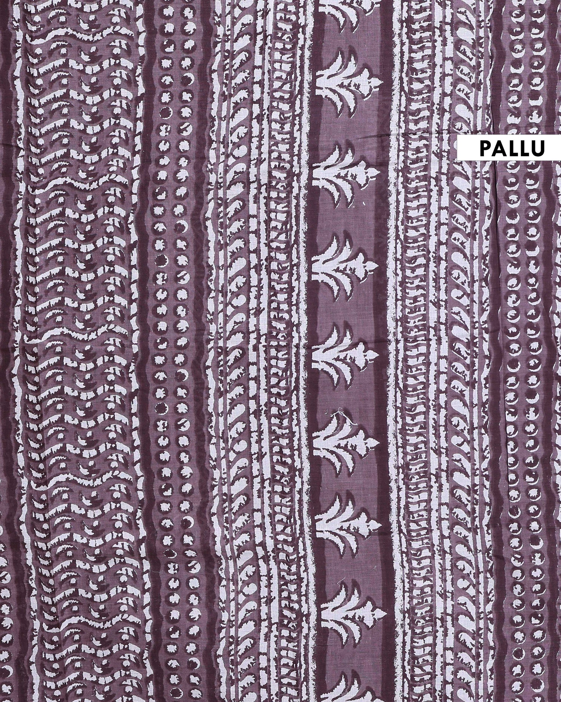 Traditional Handcrafted Mul Mul Saree with Geometric Pallu and Floral Border - Dark Brown-PALLU