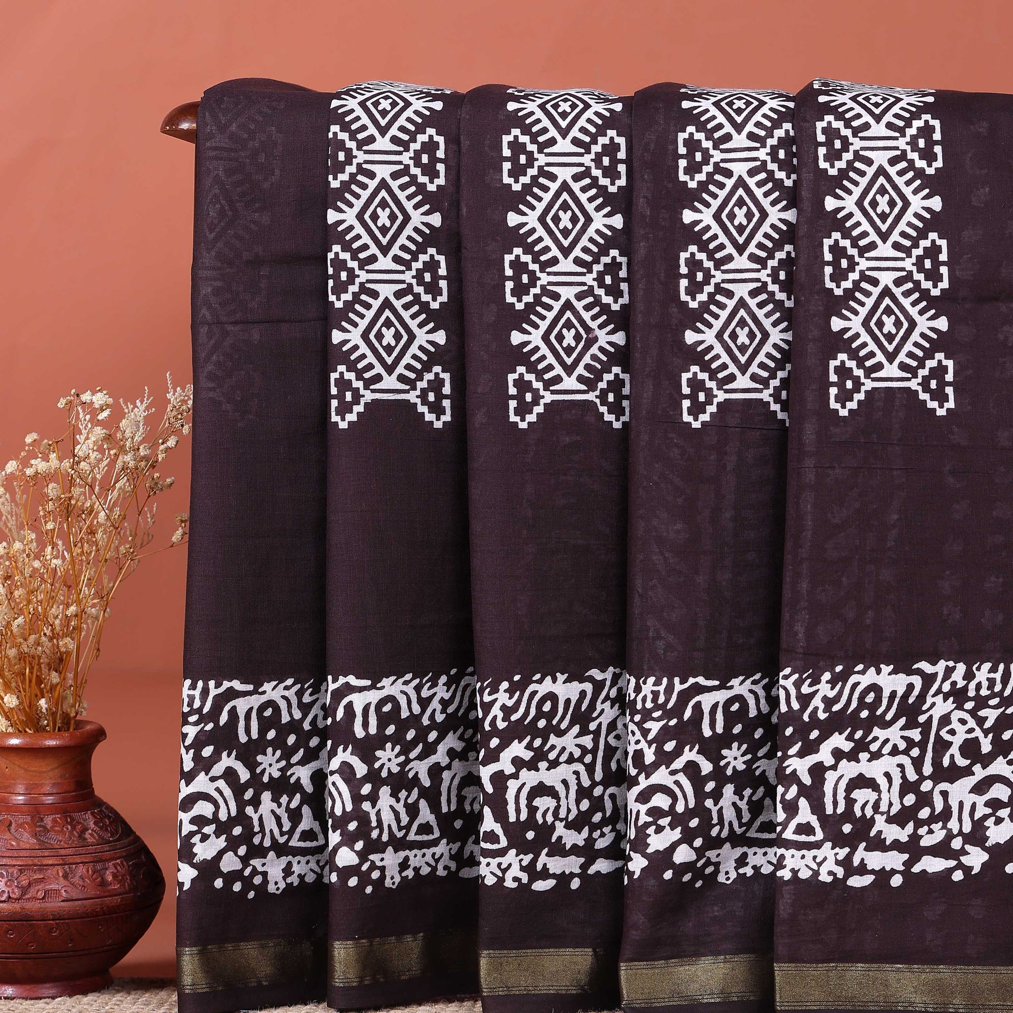 Traditional Handcrafted Mul Mul Saree with Geometric Pallu and Floral Border - Dark Brown