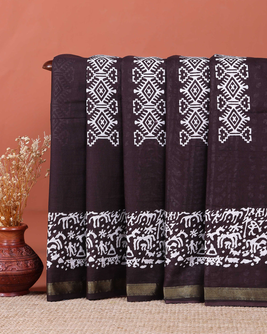 Traditional Handcrafted Mul Mul Saree with Geometric Pallu and Floral Border - Dark Brown