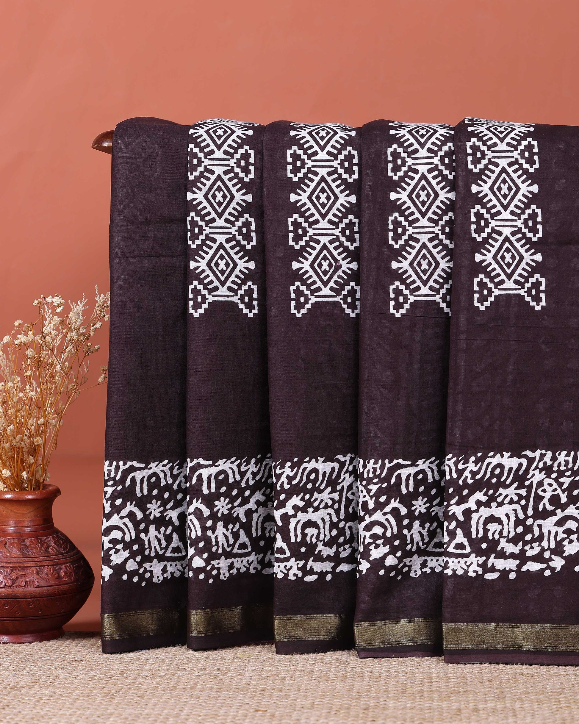 Traditional Handcrafted Mul Mul Saree with Geometric Pallu and Floral Border - Dark Brown