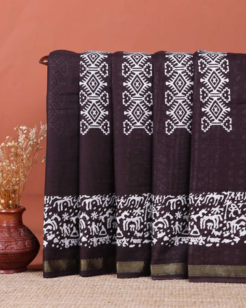 Traditional Handcrafted Mul Mul Saree with Geometric Pallu and Floral Border - Dark Brown