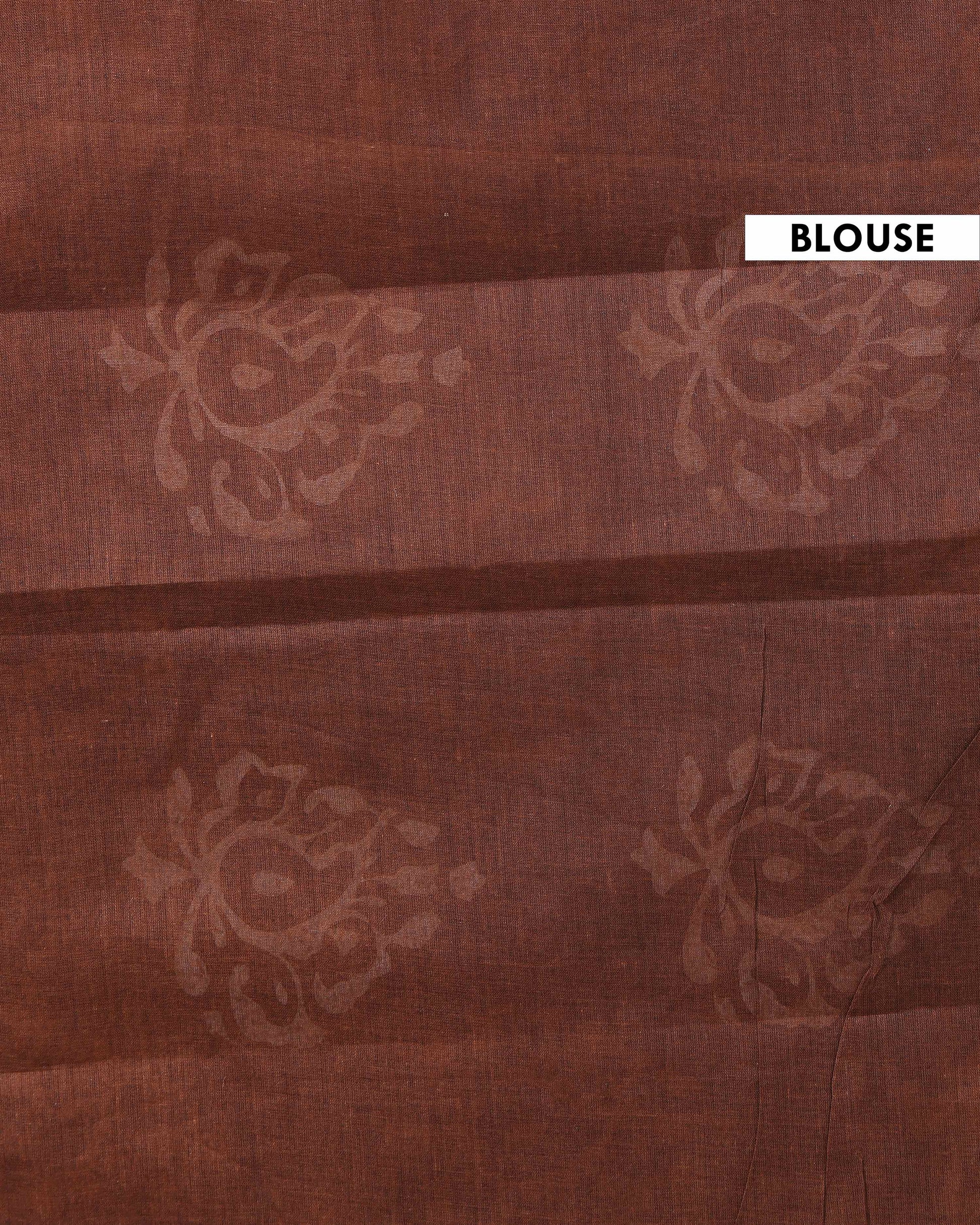 Traditional Handcrafted Mulmul Cotton Saree with Traditional Block Print and Border - Brown-Blouse