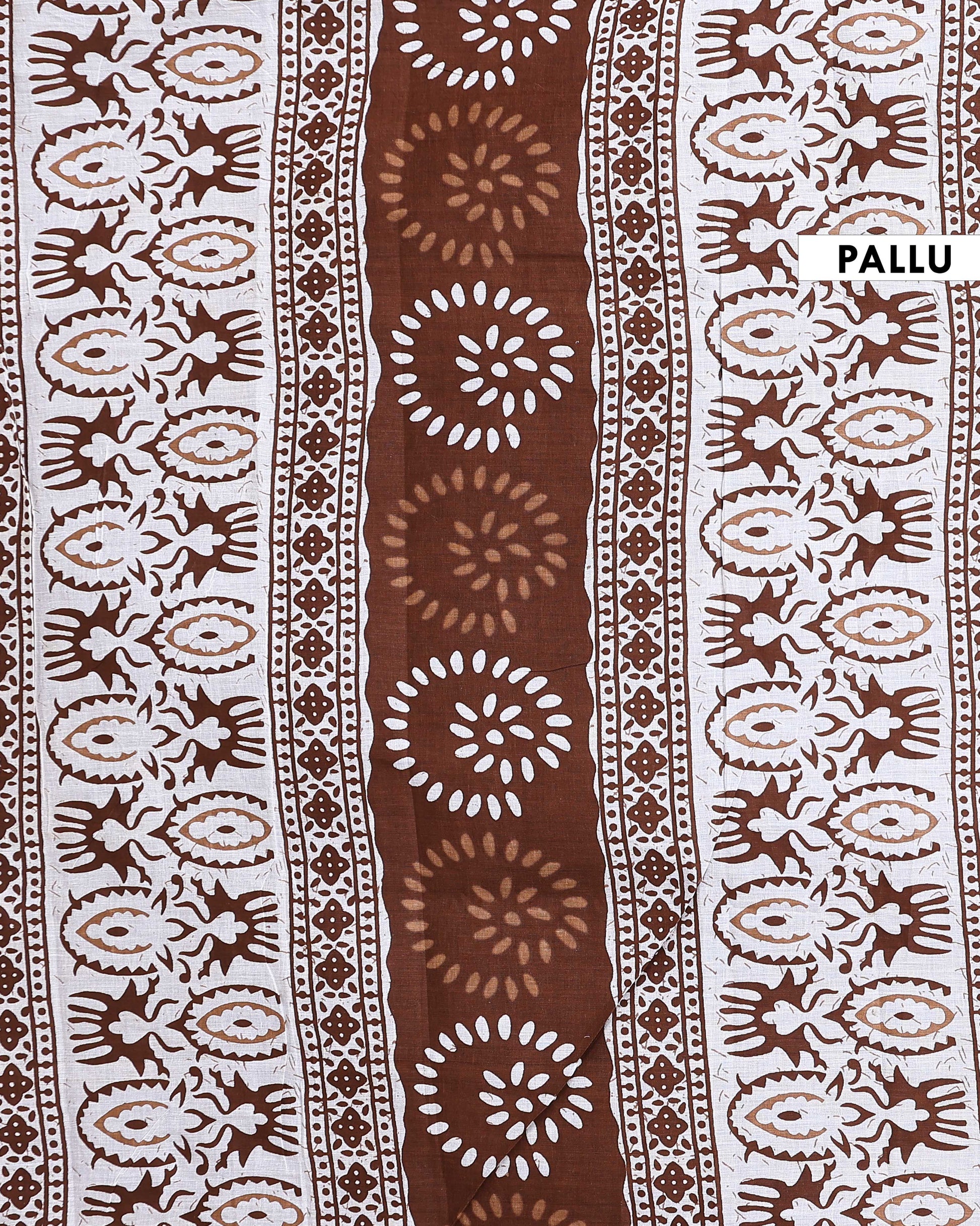 Traditional Handcrafted Mulmul Cotton Saree with Traditional Block Print and Border - Brown-Pallu