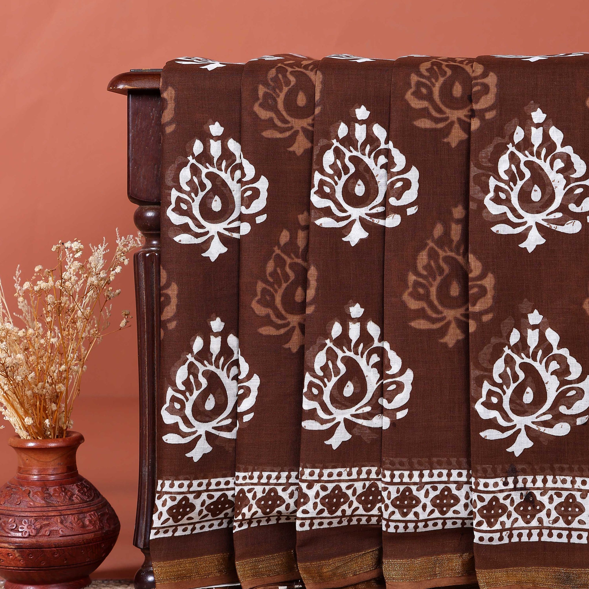 Traditional Handcrafted Mulmul Cotton Saree with Traditional Block Print and Border - Brown