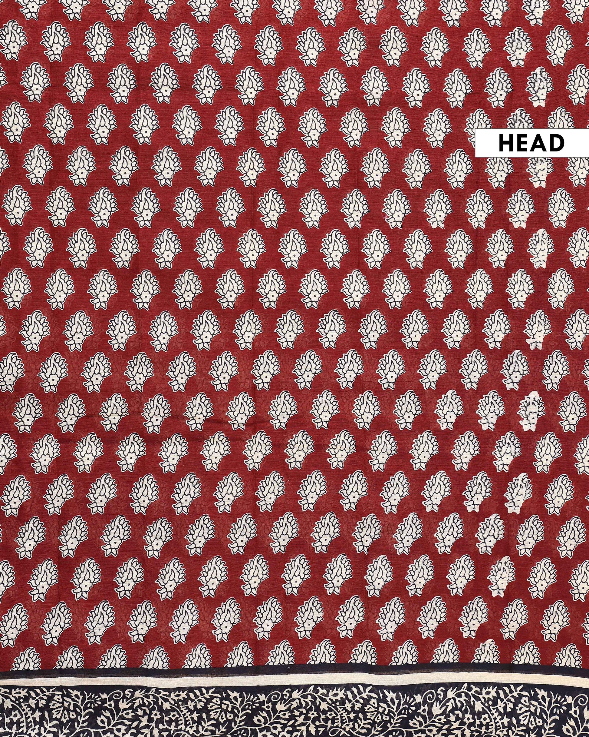 Traditional Handcrafted Mulmul Saree with Intricate Block Print Designs - Maroon-Head