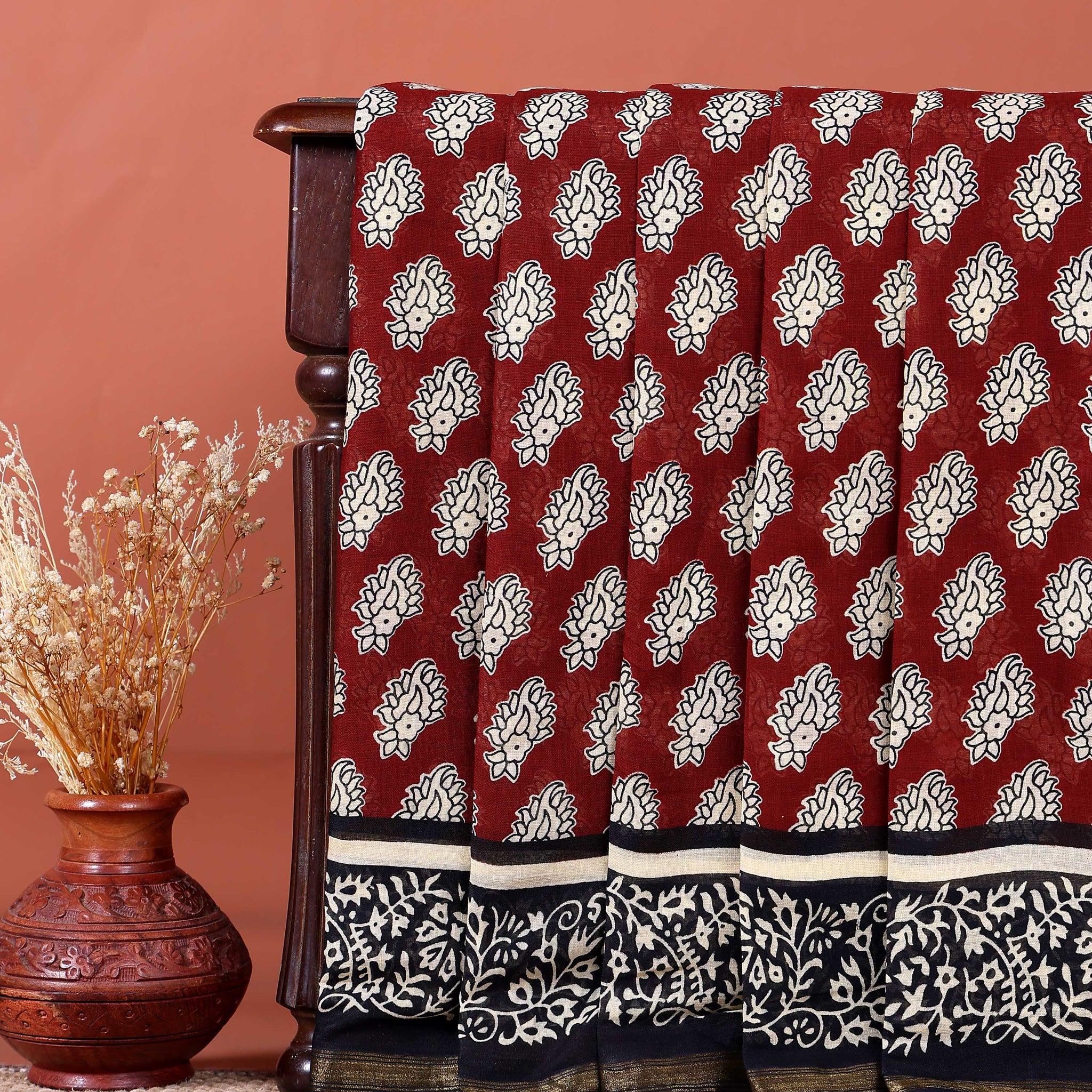 Traditional Handcrafted Mulmul Saree with Intricate Block Print Designs - Maroon