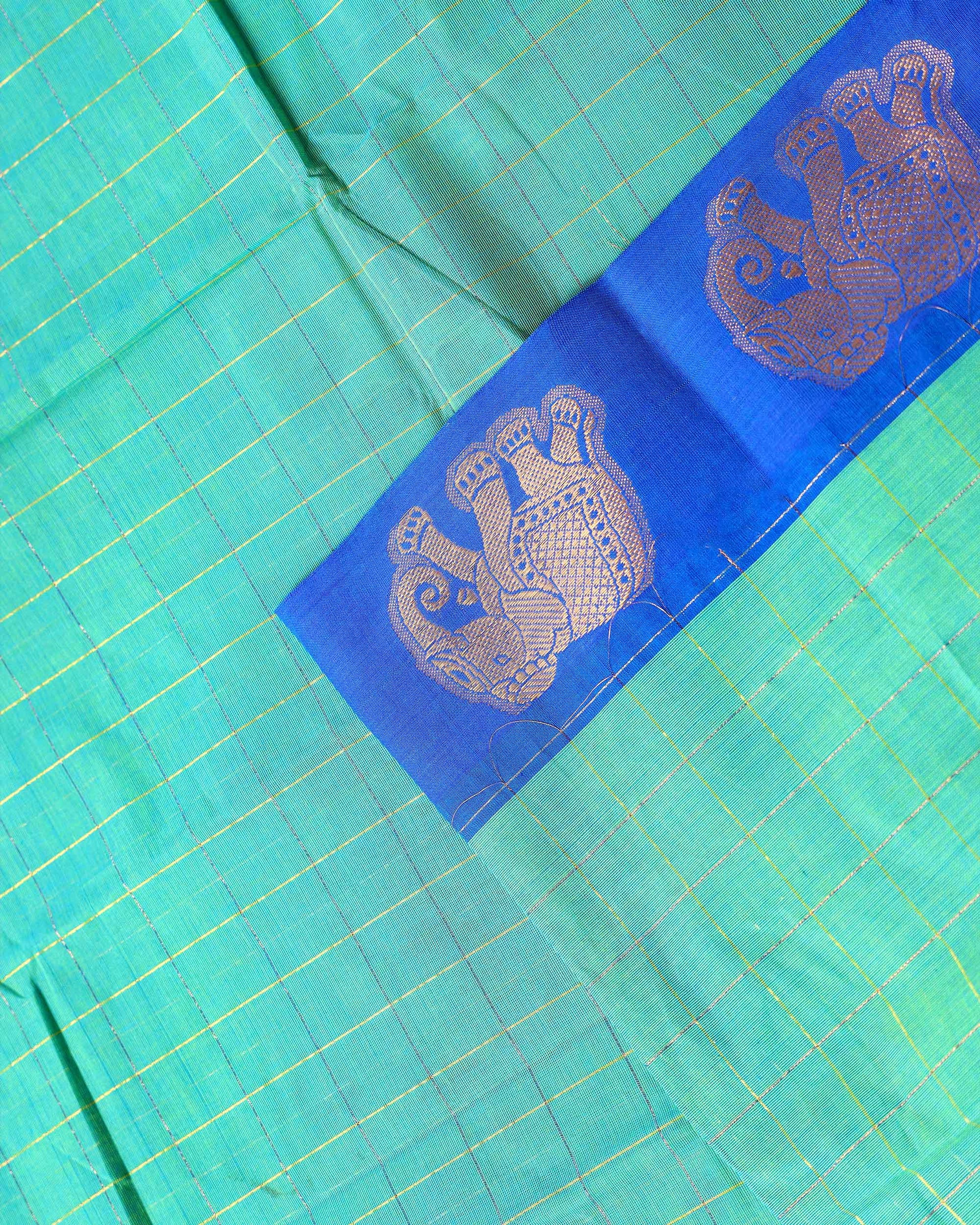 Traditional Handloom Chettinad Cotton Saree with Checked and Elephant Border - Green