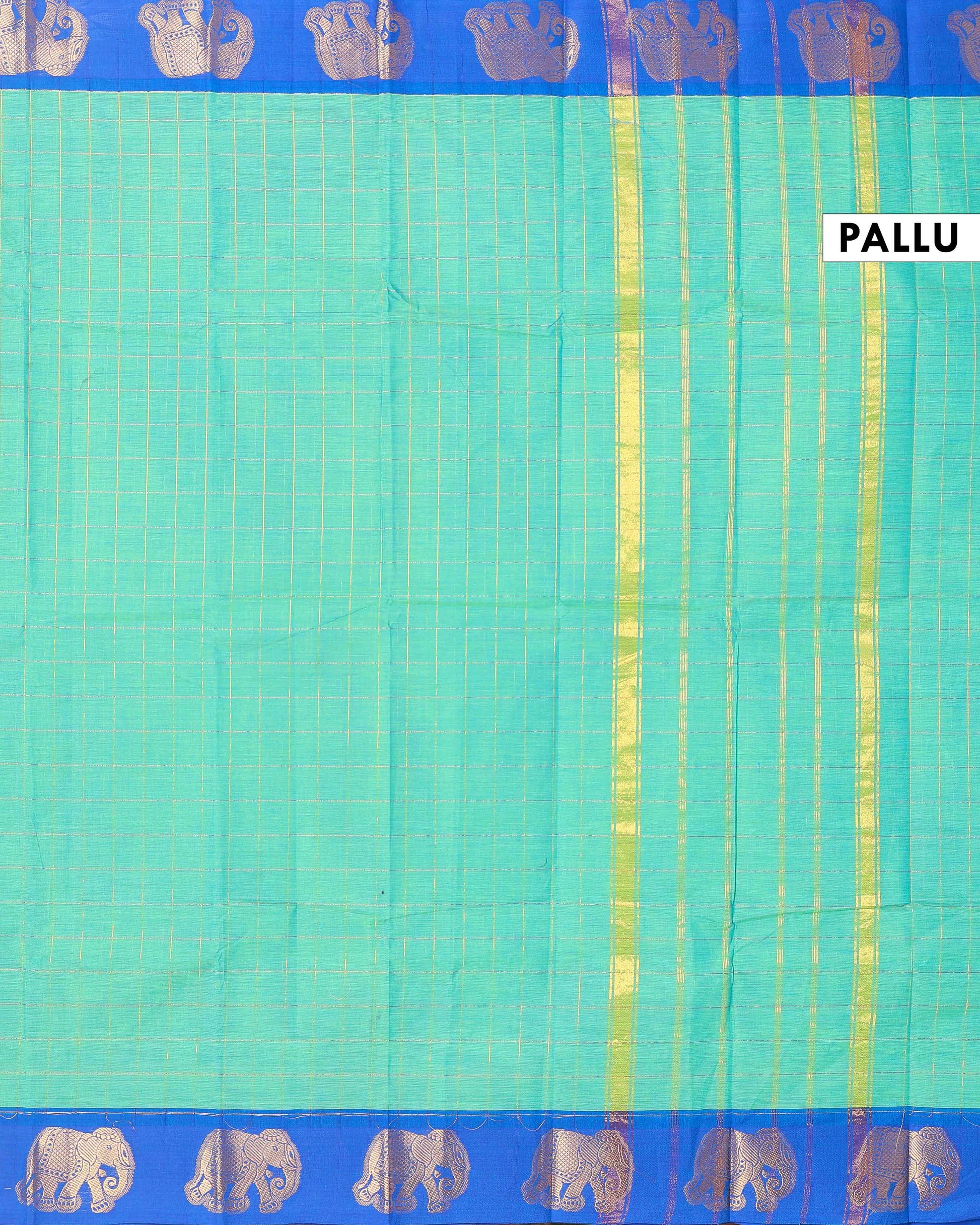 Traditional Handloom Chettinad Cotton Saree with Checked and Elephant Border - Green
