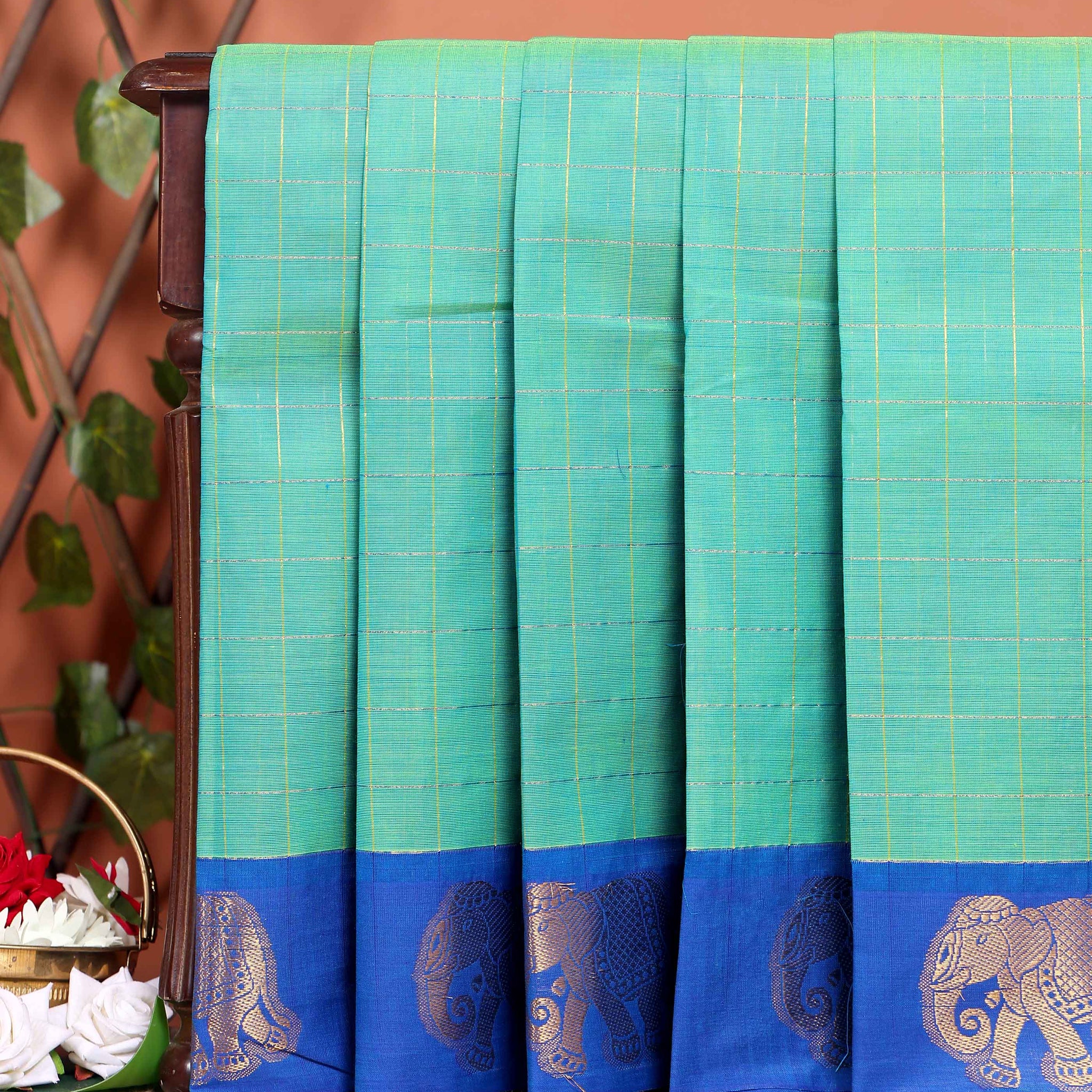 Traditional Handloom Chettinad Cotton Saree with Checked and Elephant Border - Green