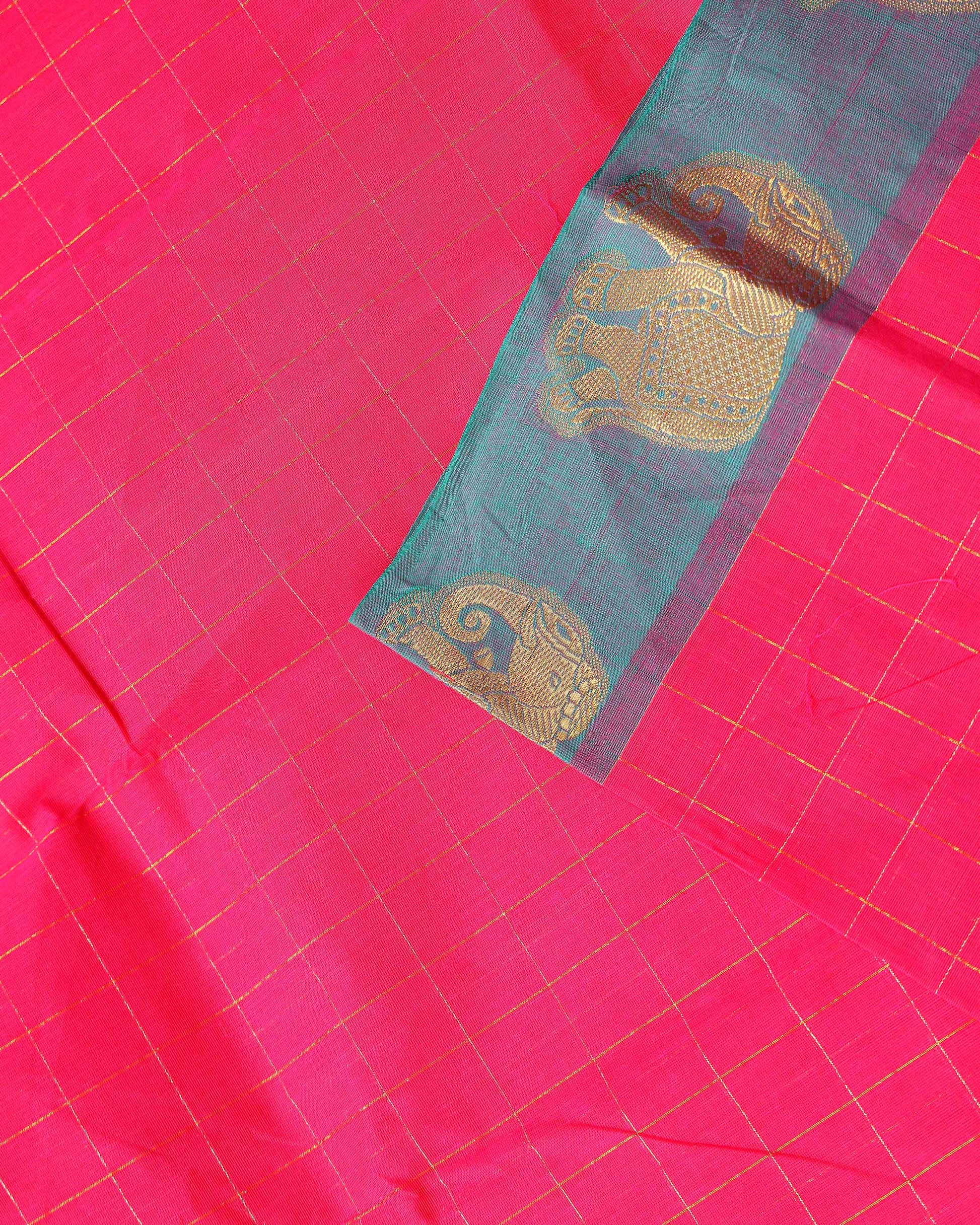 Traditional Handloom Chettinad Cotton Saree with Checked and Elephant Border - Pink