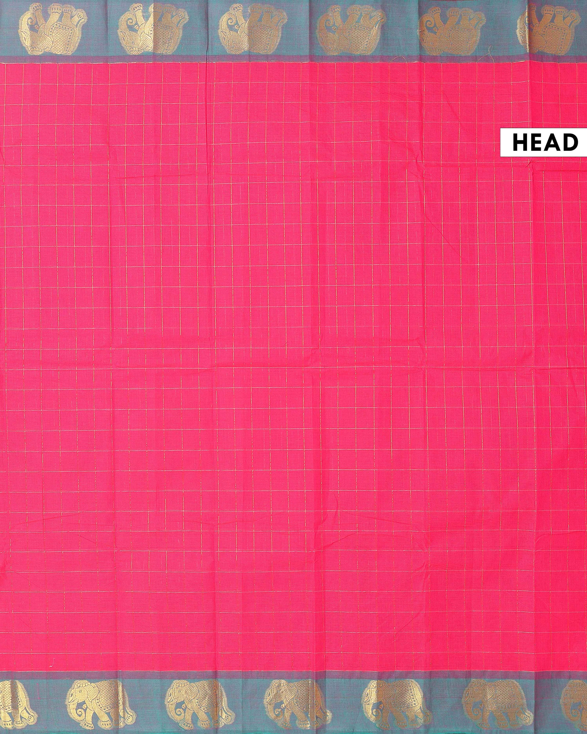 Traditional Handloom Chettinad Cotton Saree with Checked and Elephant Border - Pink