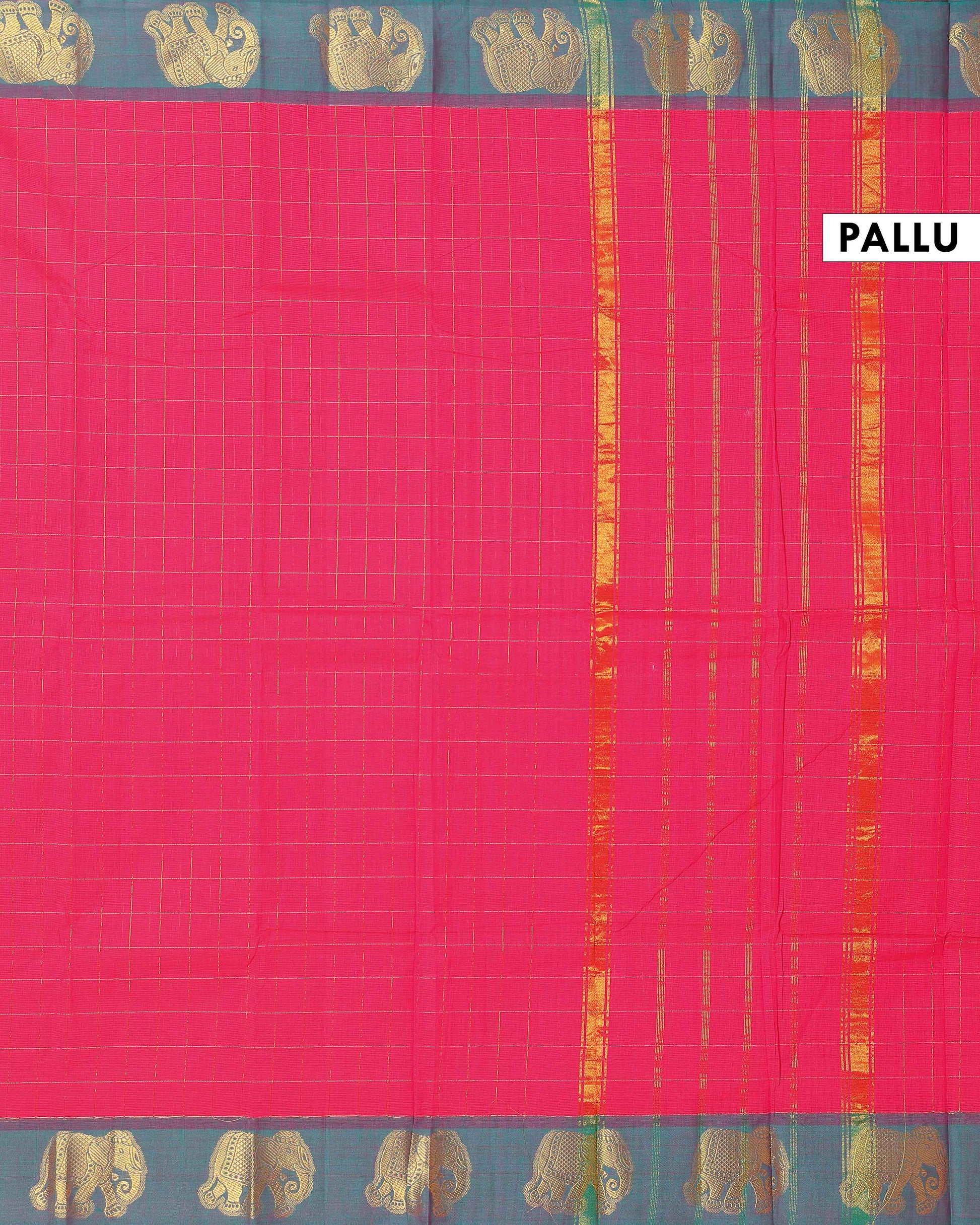 Traditional Handloom Chettinad Cotton Saree with Checked and Elephant Border - Pink