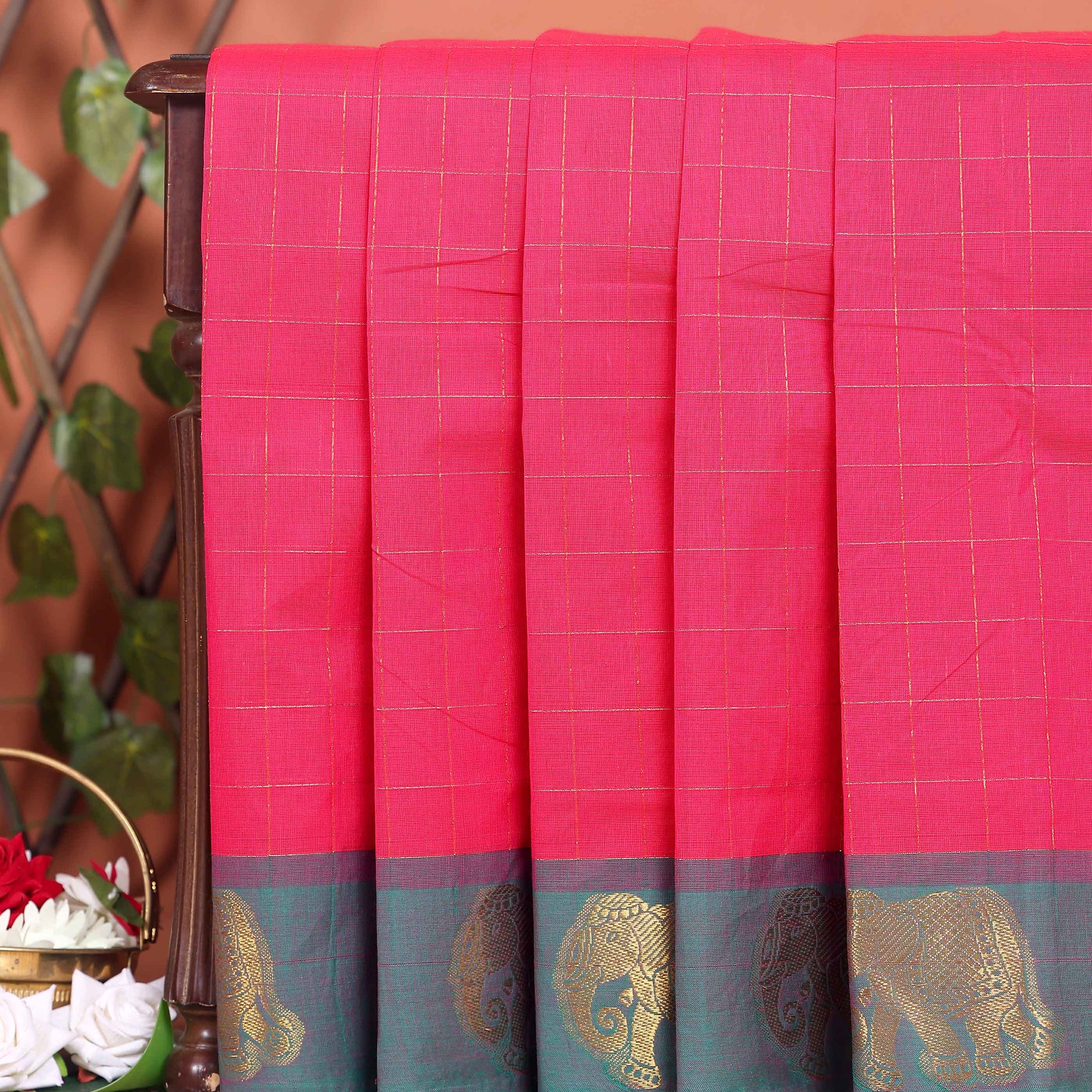 Traditional Handloom Chettinad Cotton Saree with Checked and Elephant Border - Pink