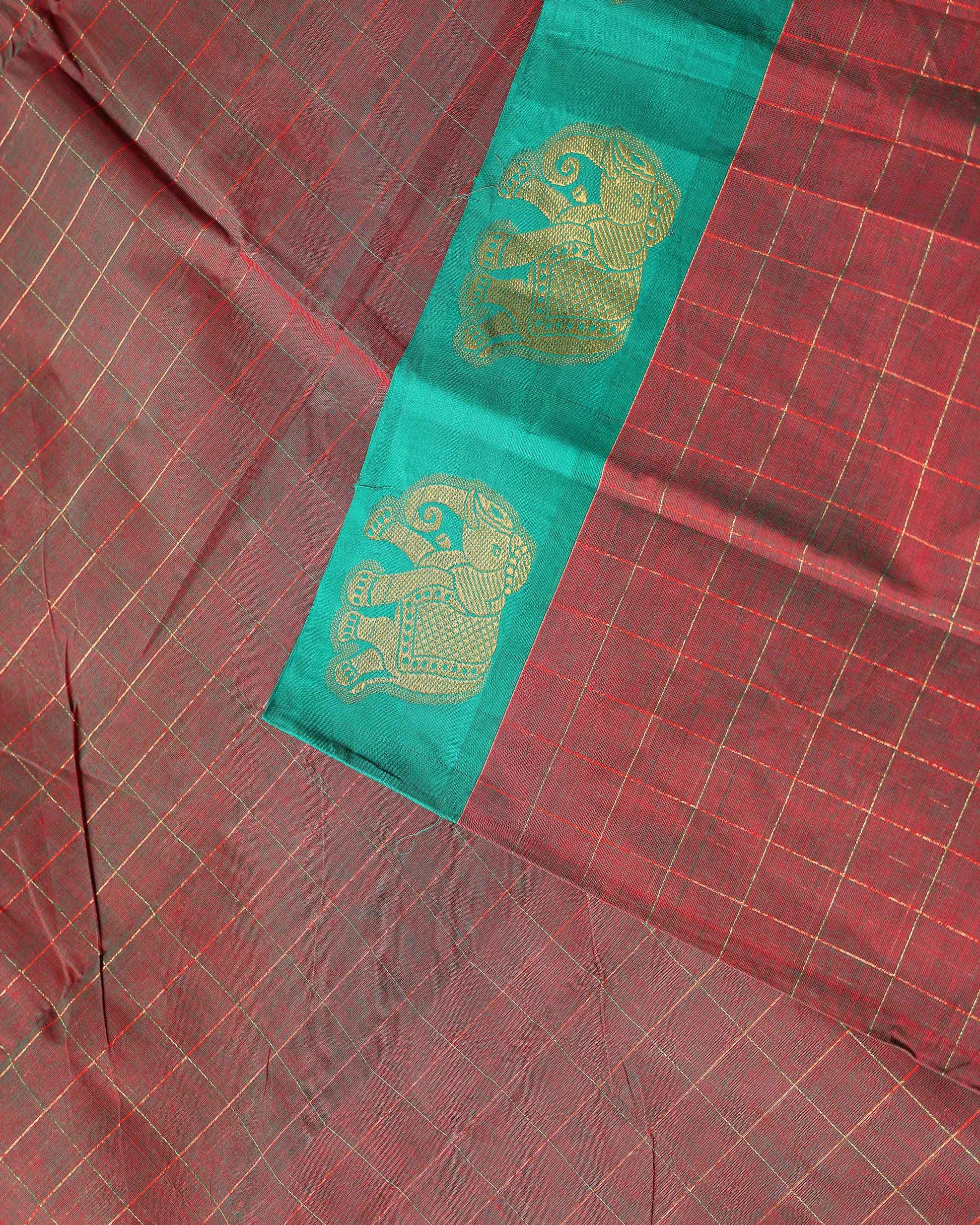 Traditional Handloom Chettinad Cotton Saree with Checks and Elephant Border - Brown