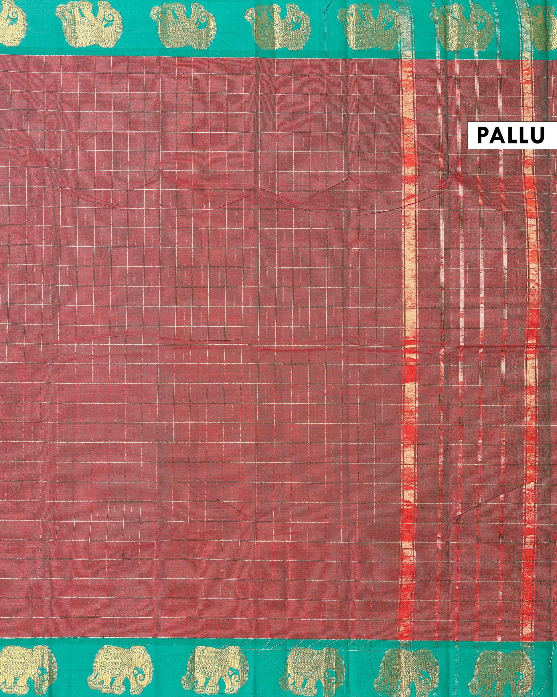 Traditional Handloom Chettinad Cotton Saree with Checks and Elephant Border - Brown