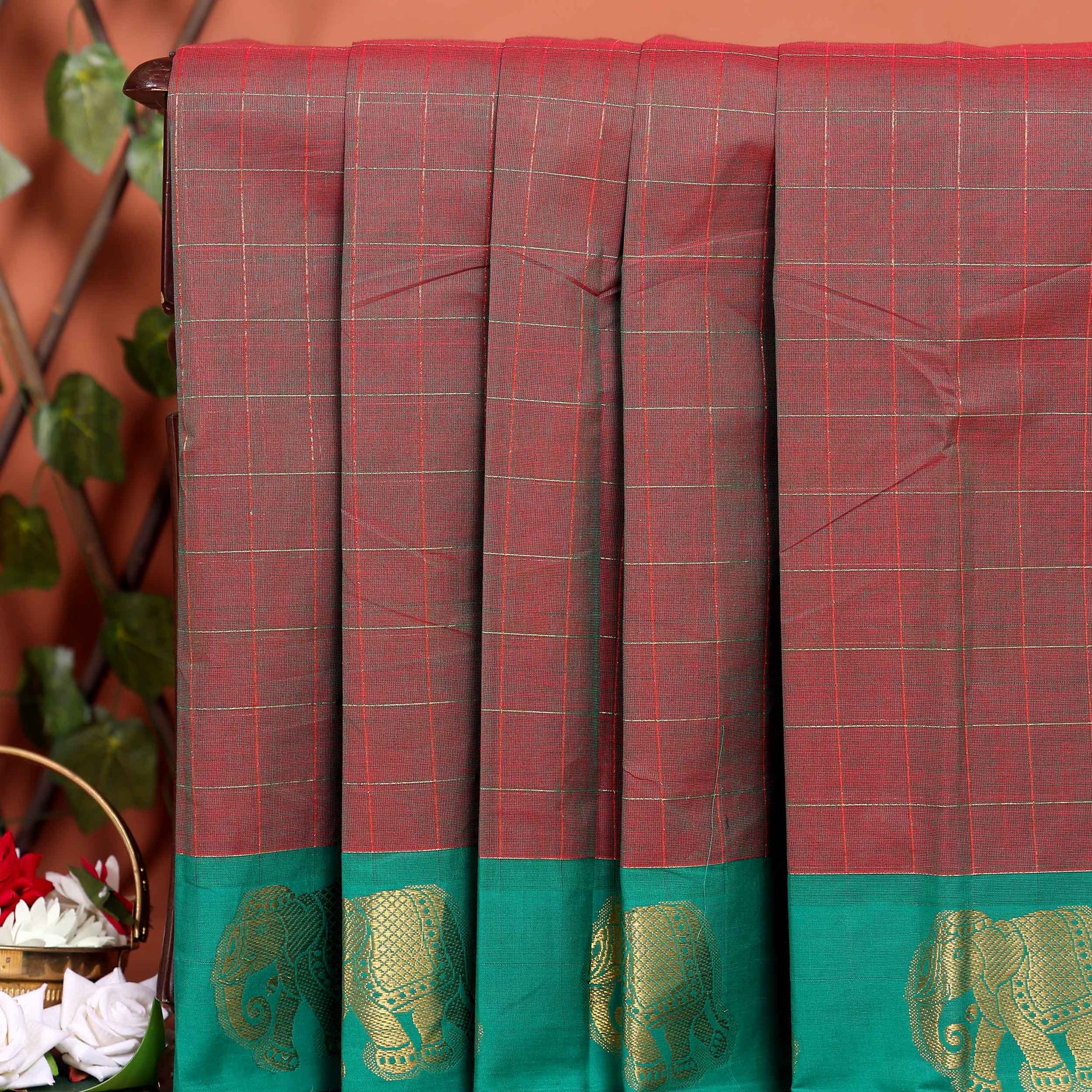 Traditional Handloom Chettinad Cotton Saree with Checks and Elephant Border - Brown