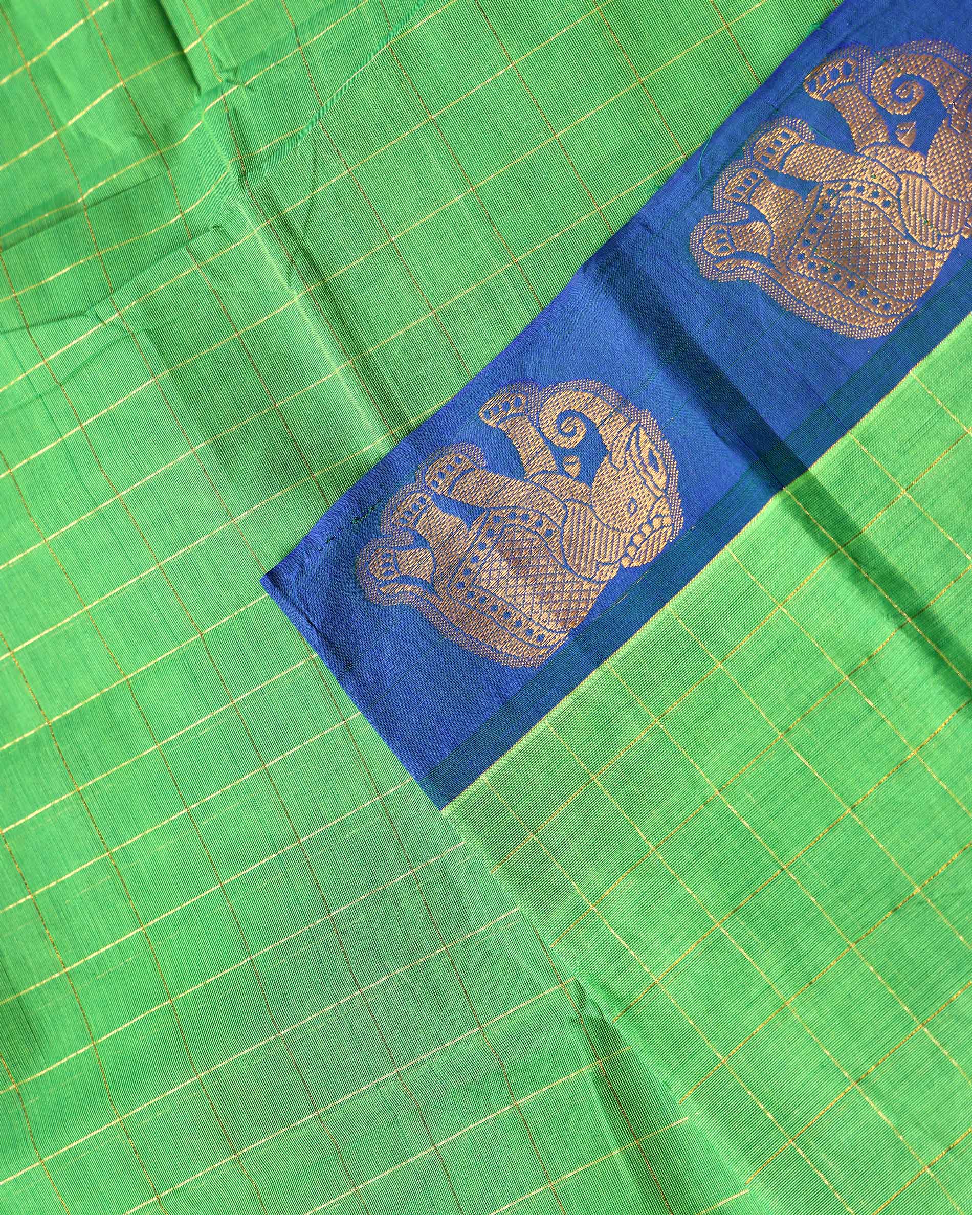 Traditional Handloom Chettinad Cotton Saree with Checks and Elephant Border - Green