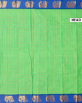 Traditional Handloom Chettinad Cotton Saree with Checks and Elephant Border - Green