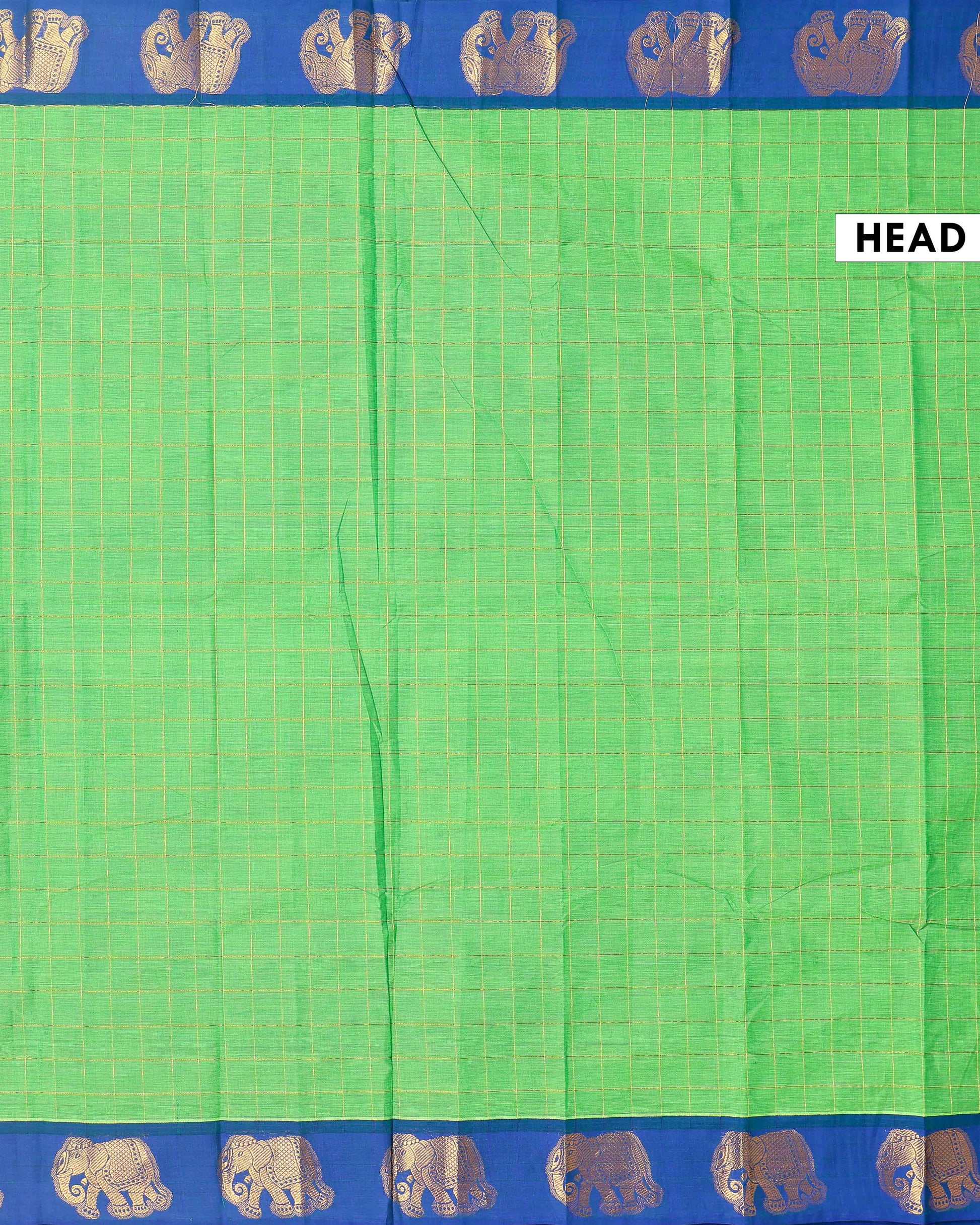 Traditional Handloom Chettinad Cotton Saree with Checks and Elephant Border - Green