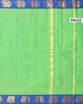 Traditional Handloom Chettinad Cotton Saree with Checks and Elephant Border - Green