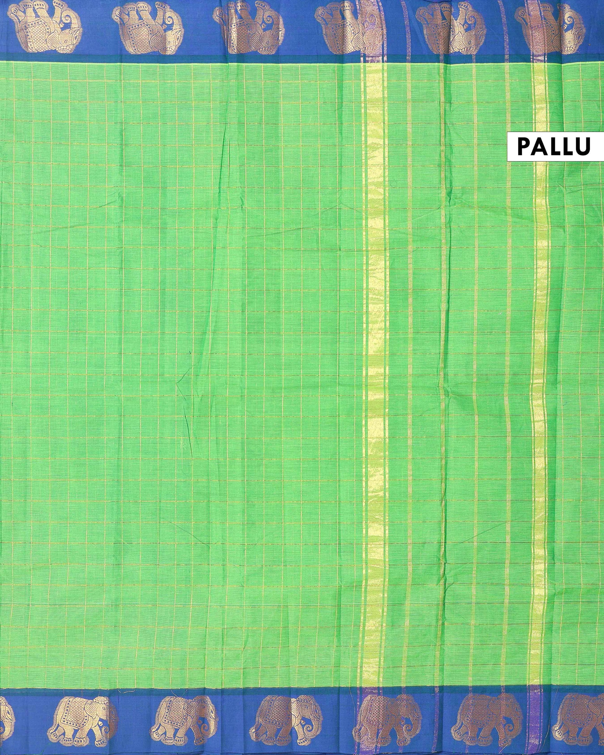 Traditional Handloom Chettinad Cotton Saree with Checks and Elephant Border - Green