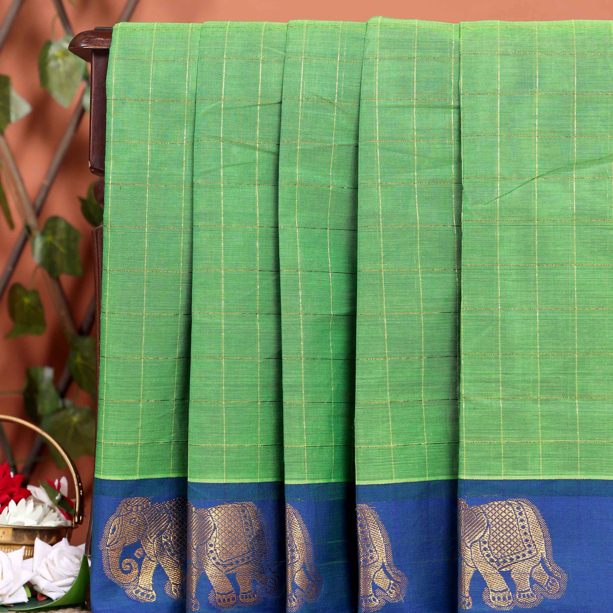 Traditional Handloom Chettinad Cotton Saree with Checks and Elephant Border - Green