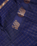 Traditional Handloom Chettinad Cotton Saree with Checks and Elephant Border - Navy Blue